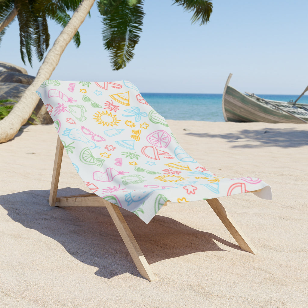 Pastel Summer Icons Beach Towel — Cute Sunglasses, Suns, Drinks Pattern