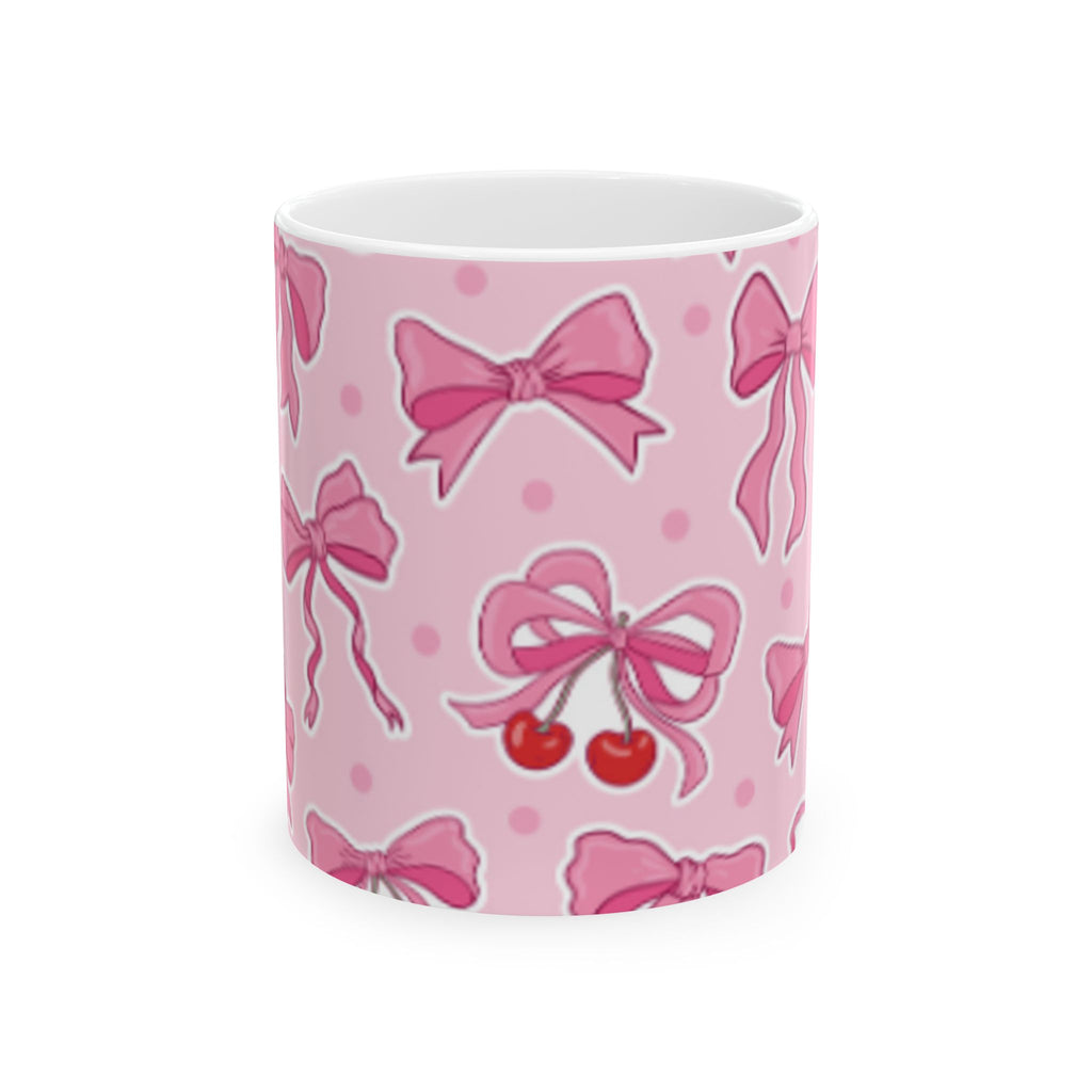 Pink Bow & Cherry Ceramic Mug — Cute Kawaii Patterned Coffee Cup (11oz, 15oz)