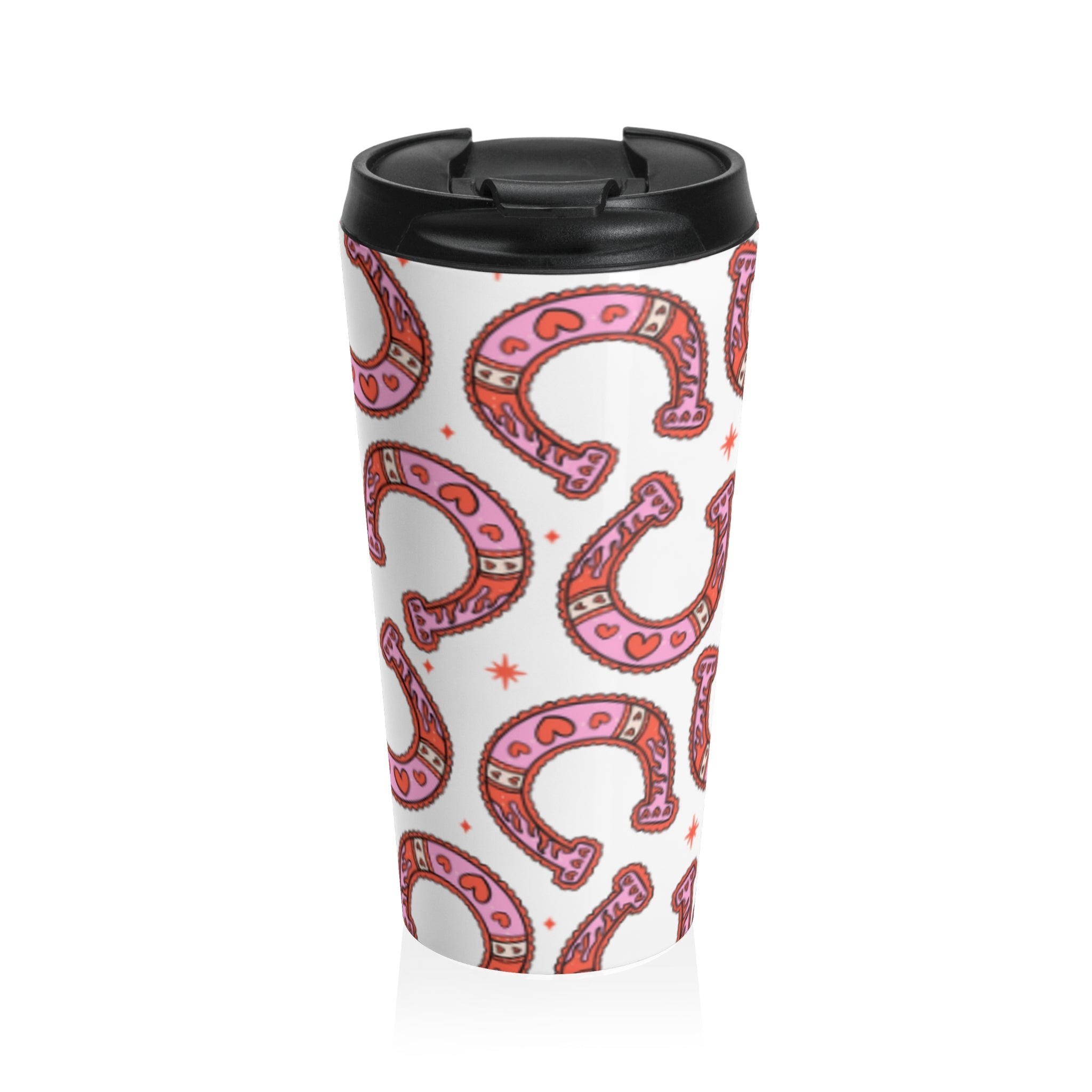 Pink Heart Horseshoe Travel Mug — Lucky Charm Stainless Steel Tumbler