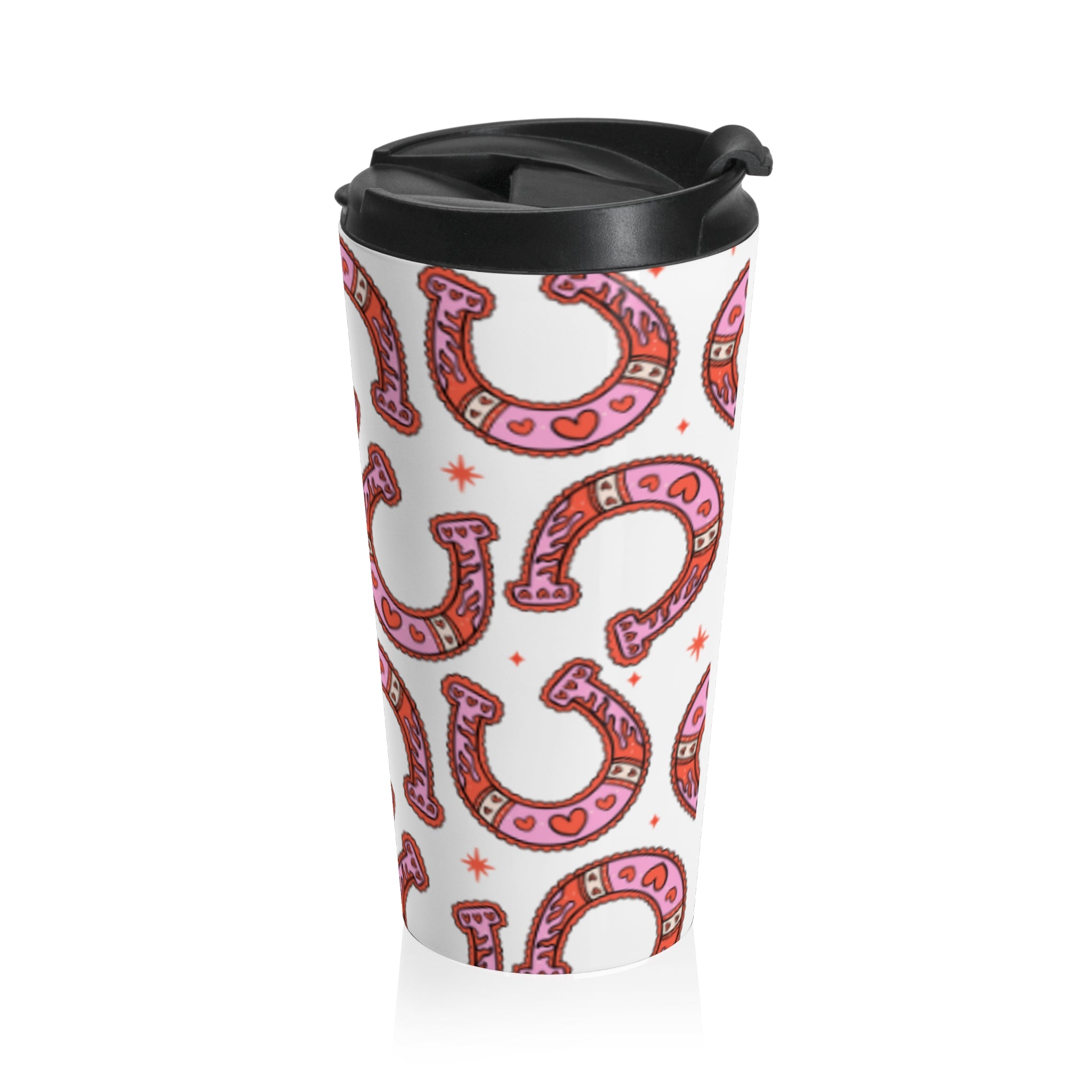 Pink Heart Horseshoe Travel Mug — Lucky Charm Stainless Steel Tumbler