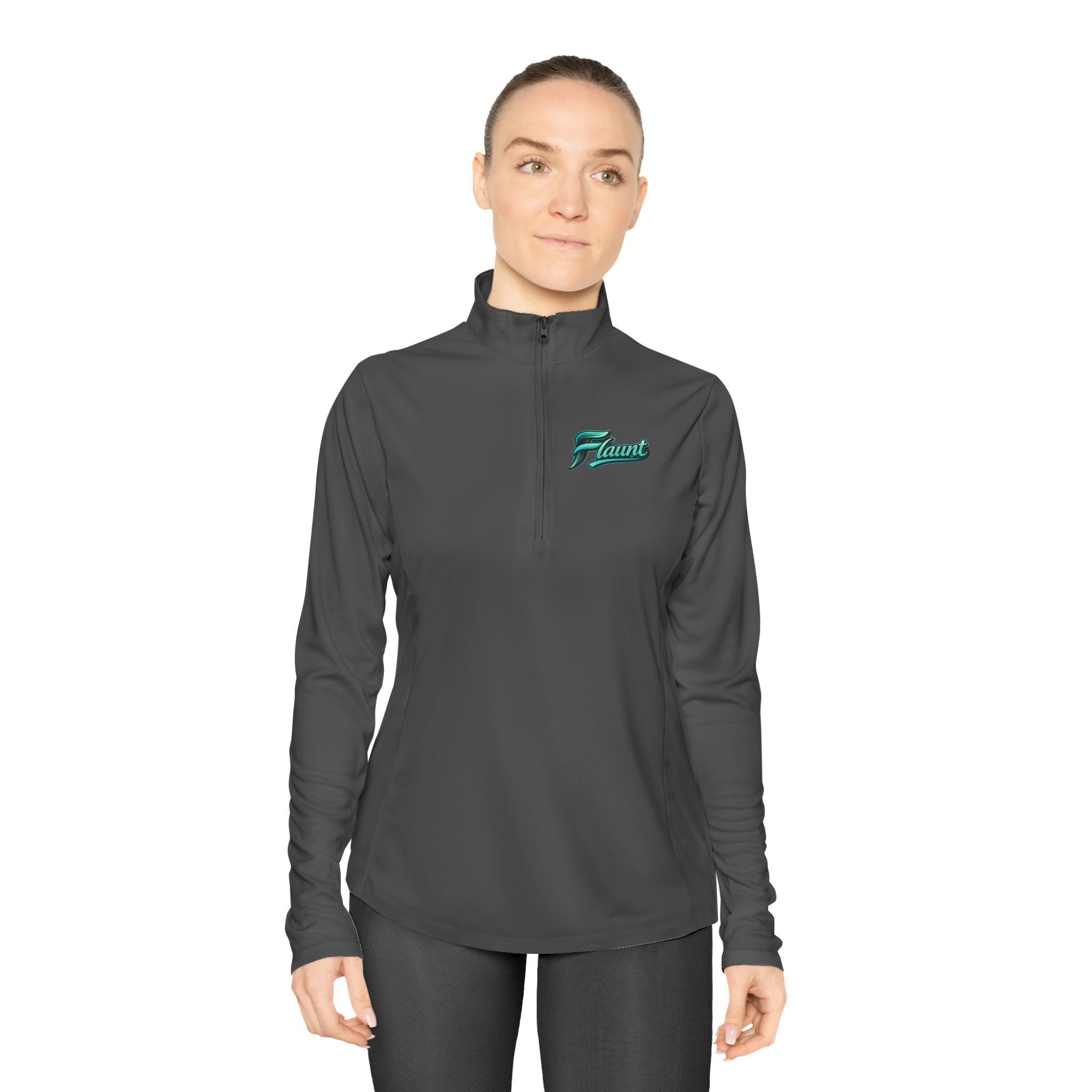 Ladies Quarter-Zip Pullover — White Performance Top with Green Script Logo