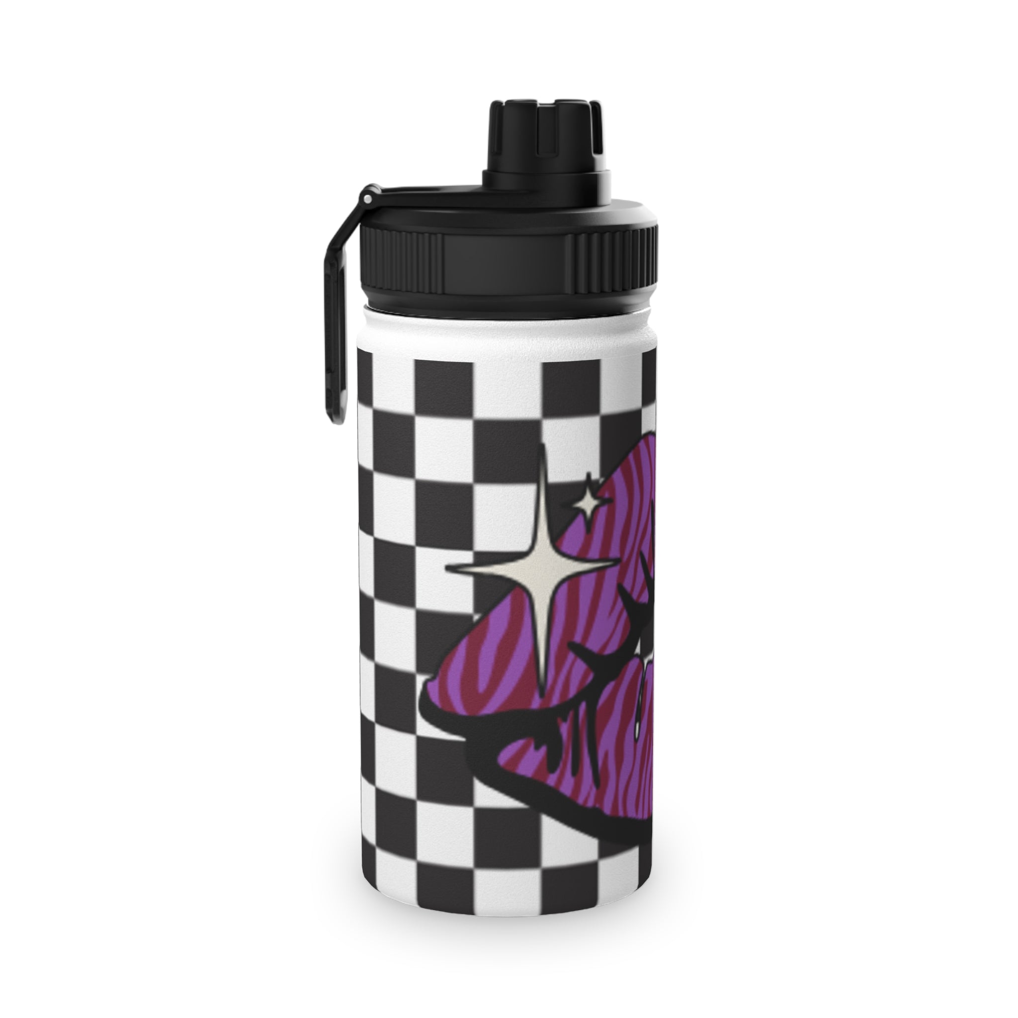 Stainless Steel Water Bottle — Purple Zebra Kiss on Black & White Checkered Pattern y2k