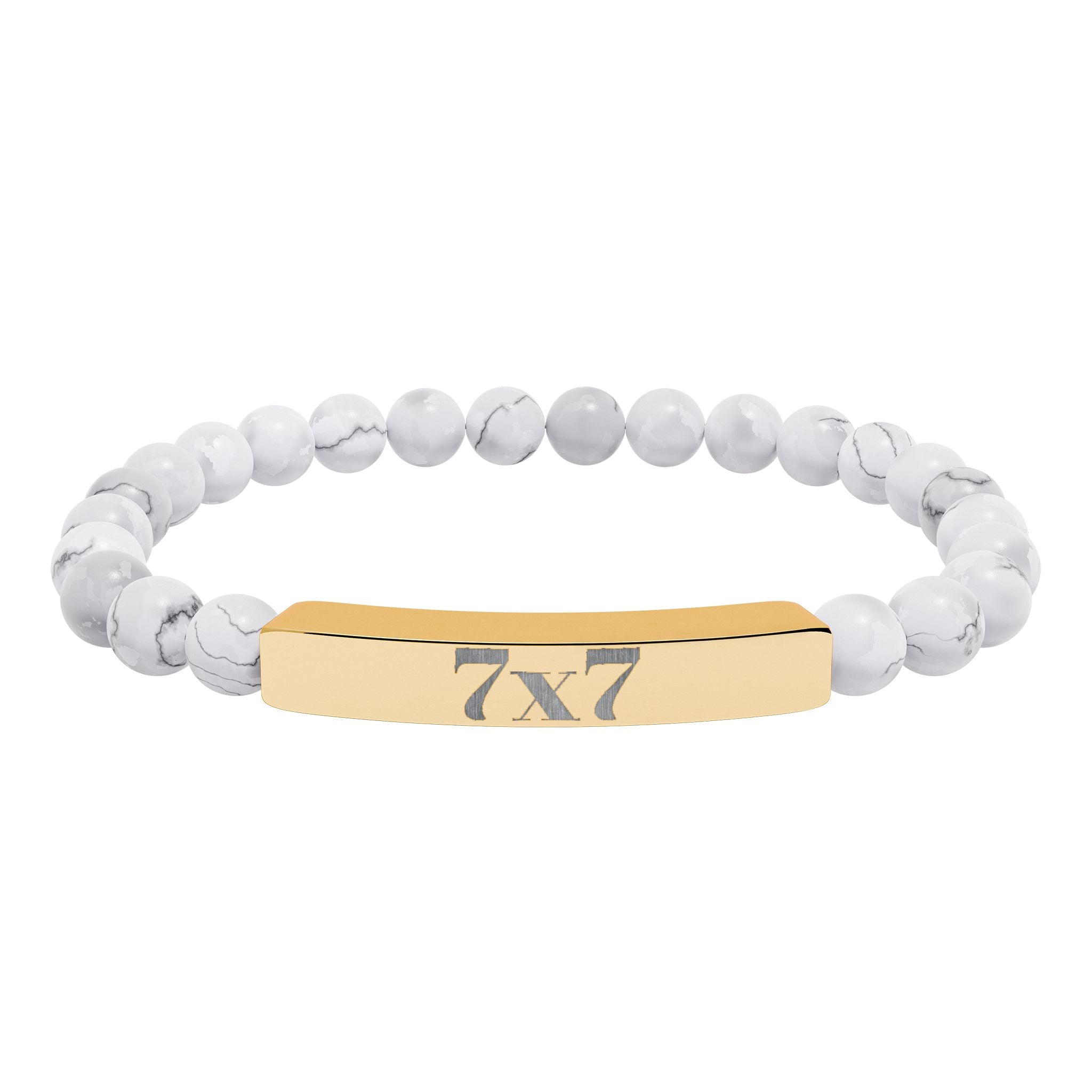 Engraved Natural Stone Stretch Bracelet — Bar Bead Bracelet with '7x7' Charm