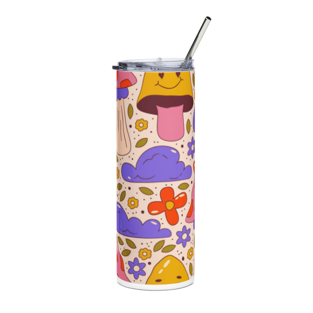20oz Stainless Tumbler — Cute Smiling Mushrooms & Flowers Pattern