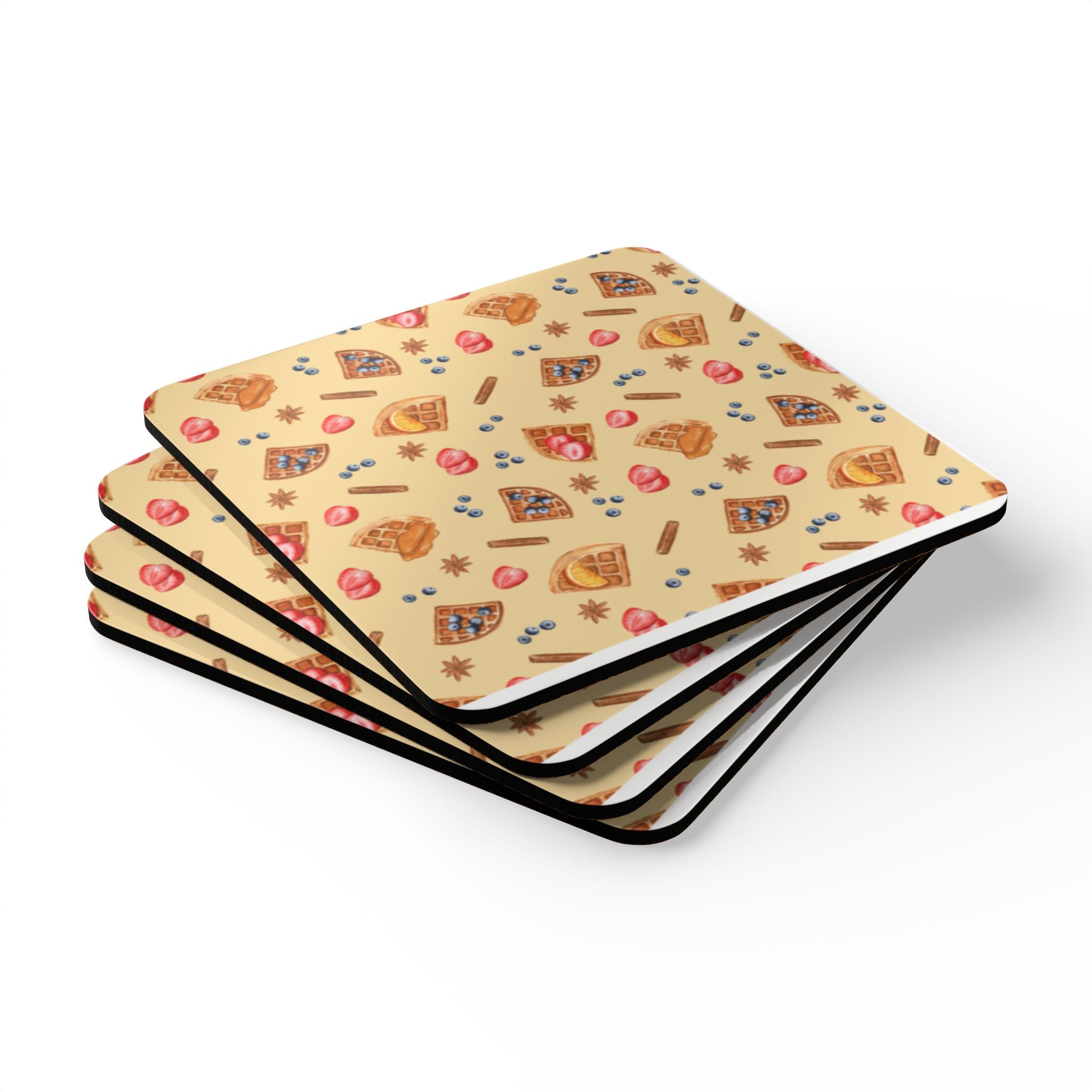Breakfast Waffles Cork Coaster Set — Cute Pancake & Toppings Pattern