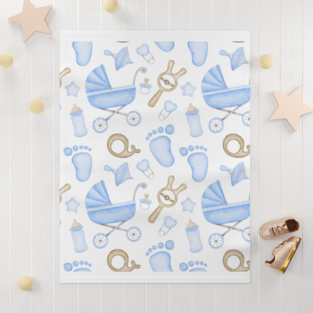 Blue Baby Shower Fleece Blanket — Newborn Pram, Bottle & Footprint Pattern