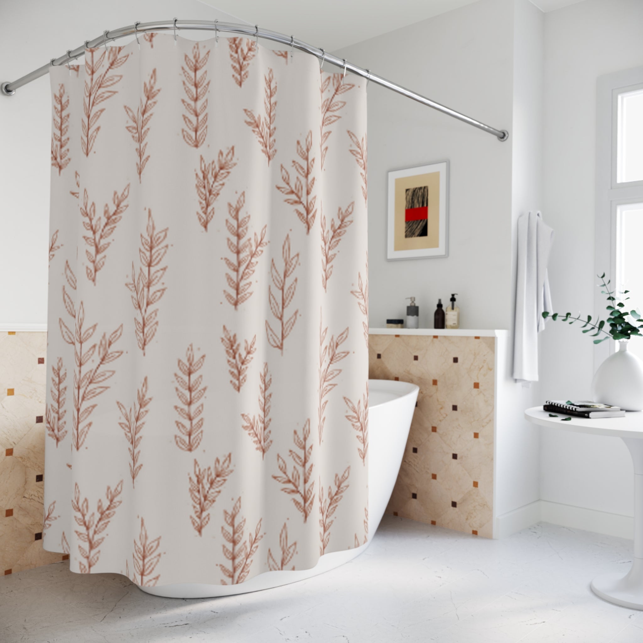 Botanical Blush Shower Curtain — Neutral Pink Leaf Pattern for Minimal, Modern Bathrooms