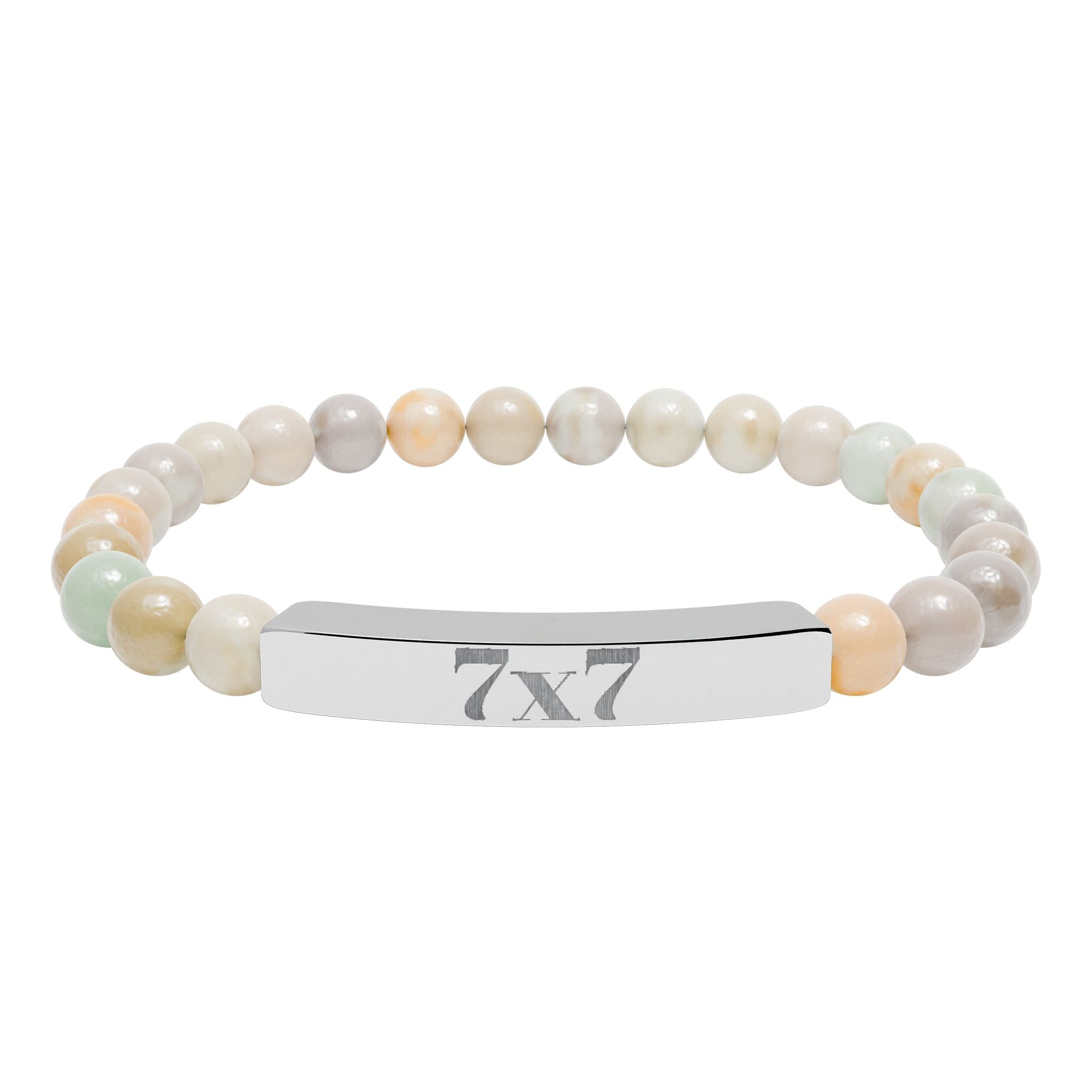 Engraved Natural Stone Stretch Bracelet — Bar Bead Bracelet with '7x7' Charm