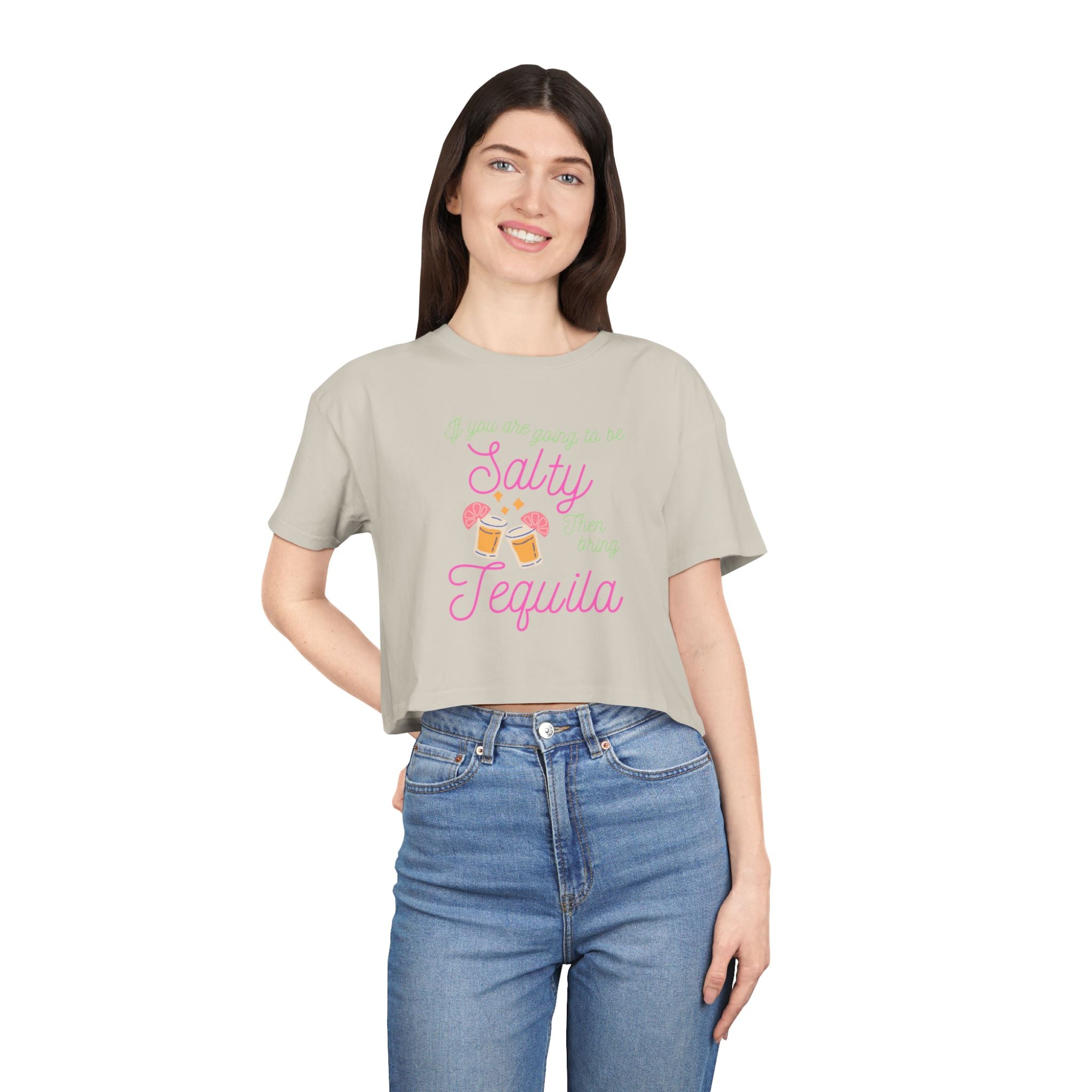 Crop Tee — "Salty Tequila" Cute Tropical Cocktail Graphic