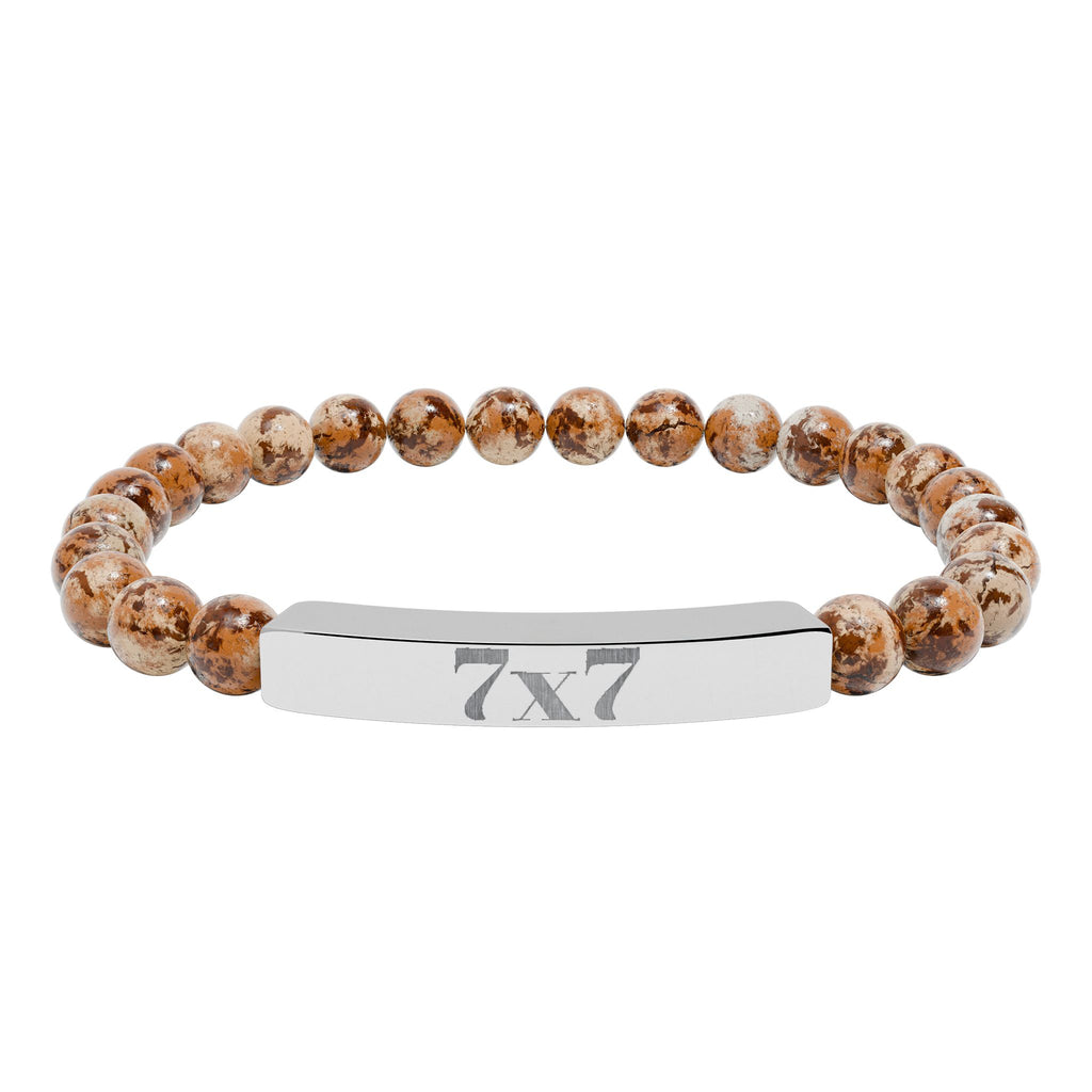 Engraved Natural Stone Stretch Bracelet — Bar Bead Bracelet with '7x7' Charm