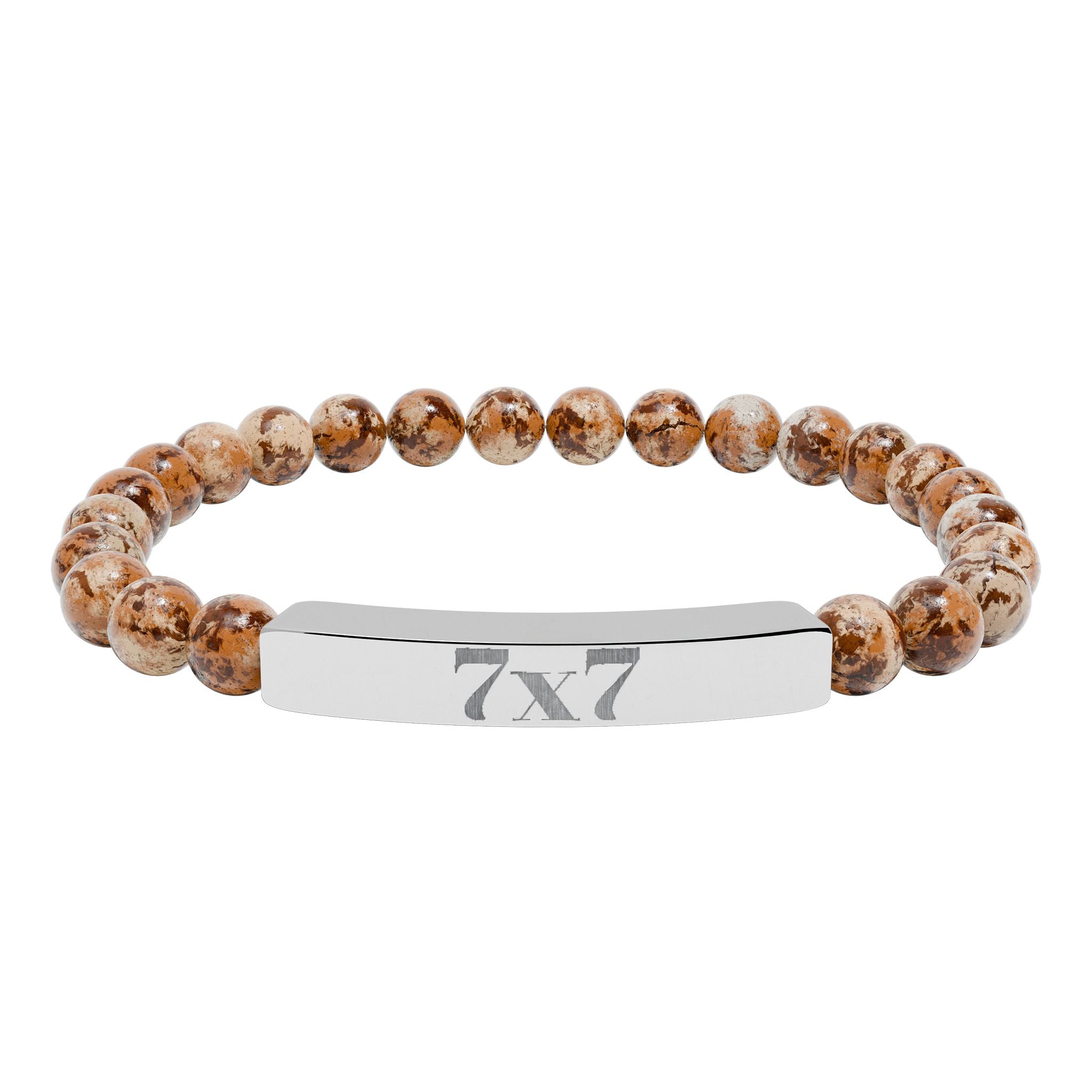 Engraved Natural Stone Stretch Bracelet — Bar Bead Bracelet with '7x7' Charm