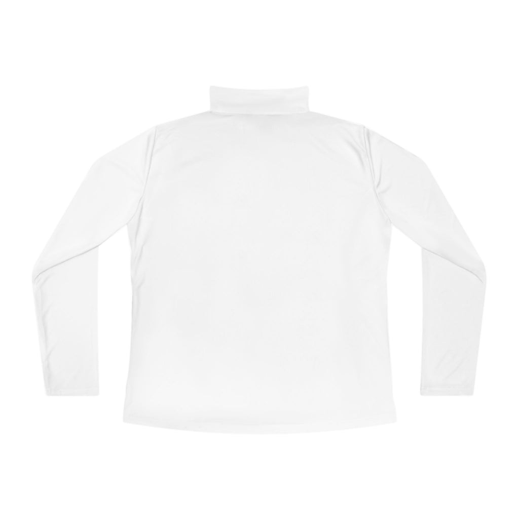 Ladies Quarter-Zip Pullover — White Performance Top with Green Script Logo