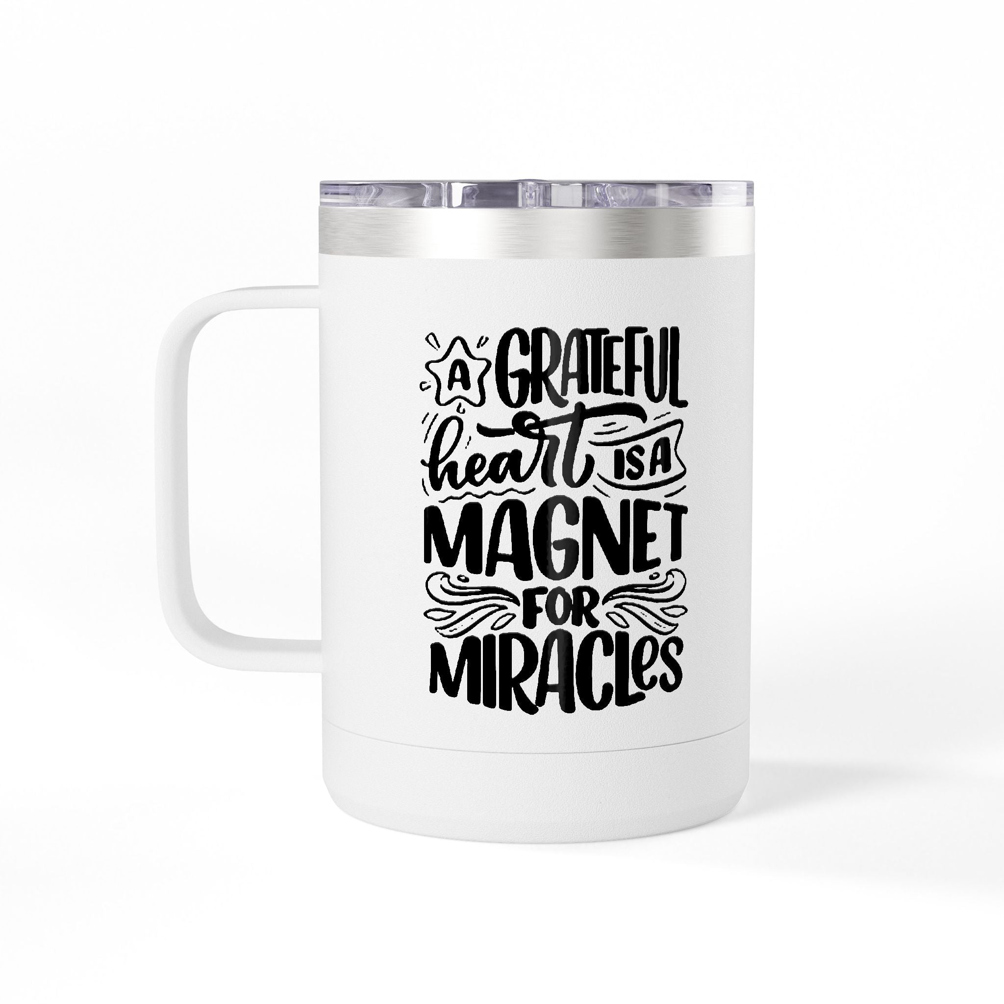 15oz Insulated Coffee Tumbler Mug — White Travel Cup with Handle