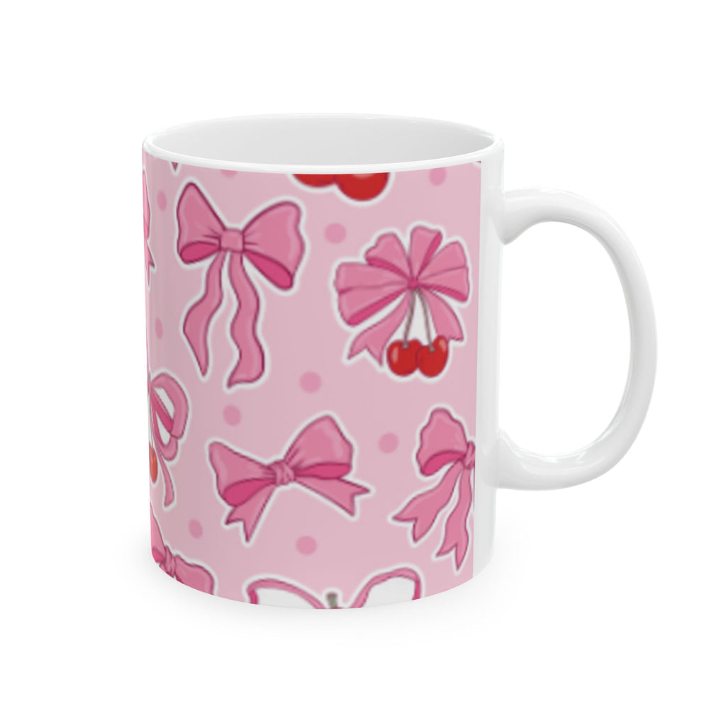 Pink Bow & Cherry Ceramic Mug — Cute Kawaii Patterned Coffee Cup (11oz, 15oz)