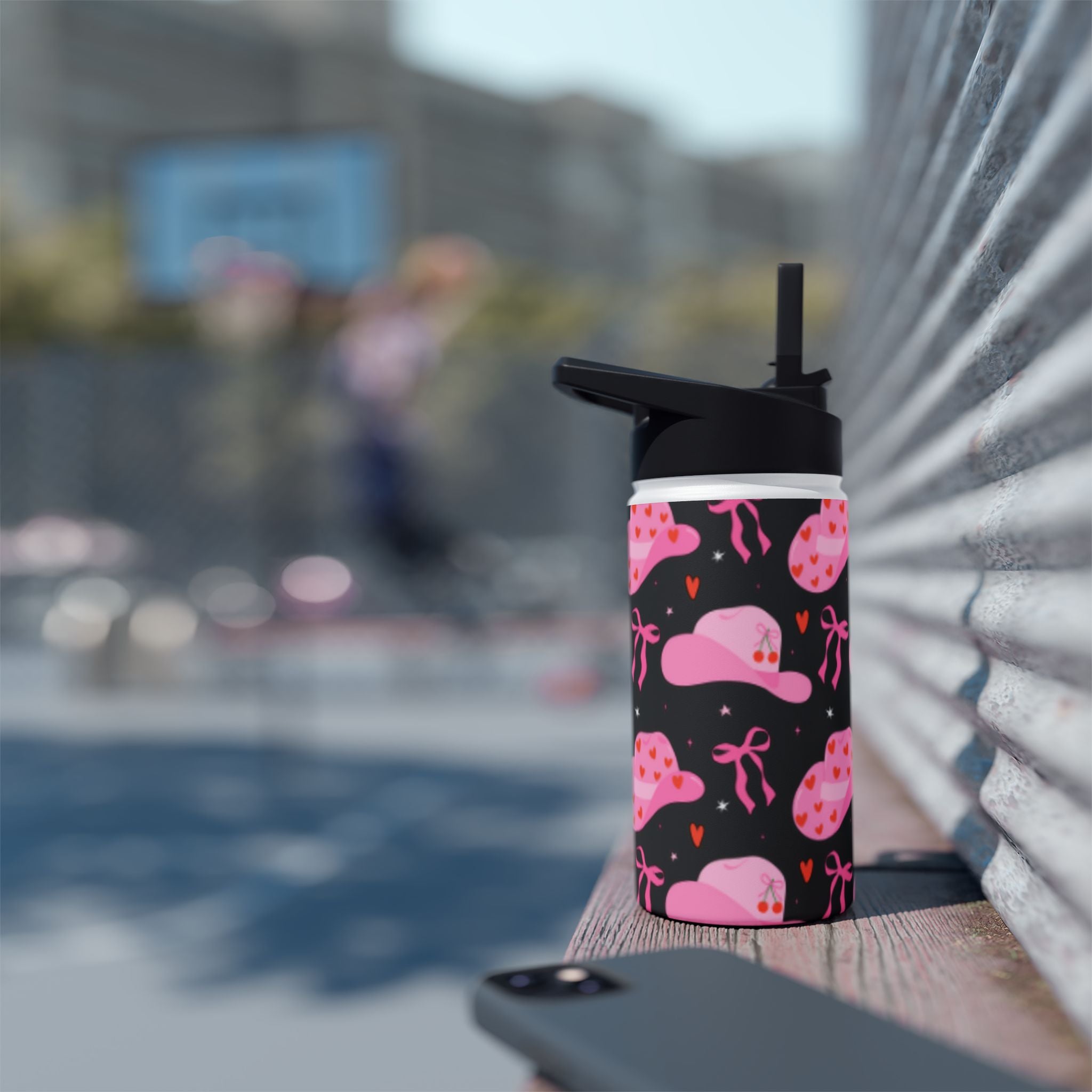 Pink Cowboy Hat Pattern Stainless Steel Water Bottle — Cute Heart & Ribbon Design