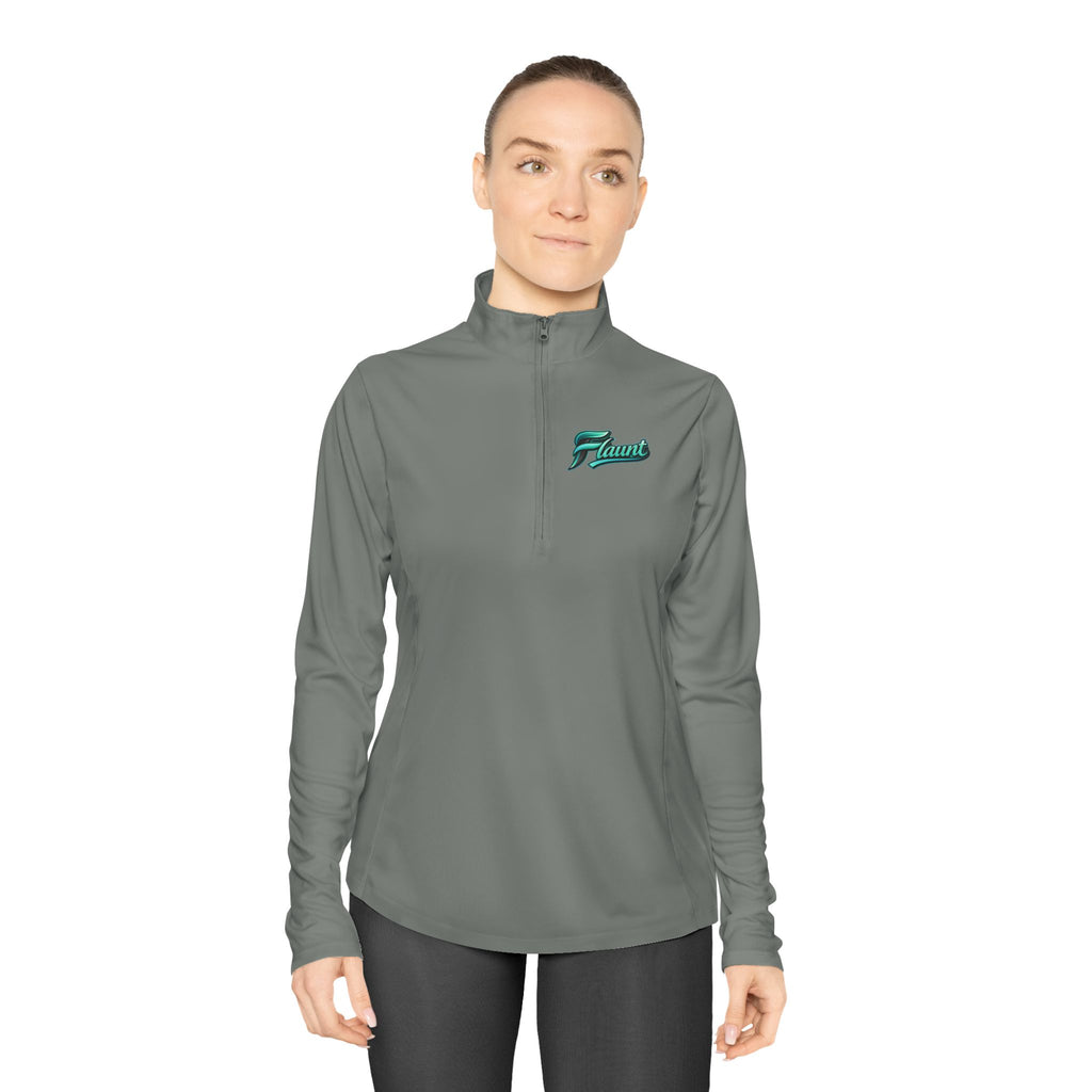 Ladies Quarter-Zip Pullover — White Performance Top with Green Script Logo
