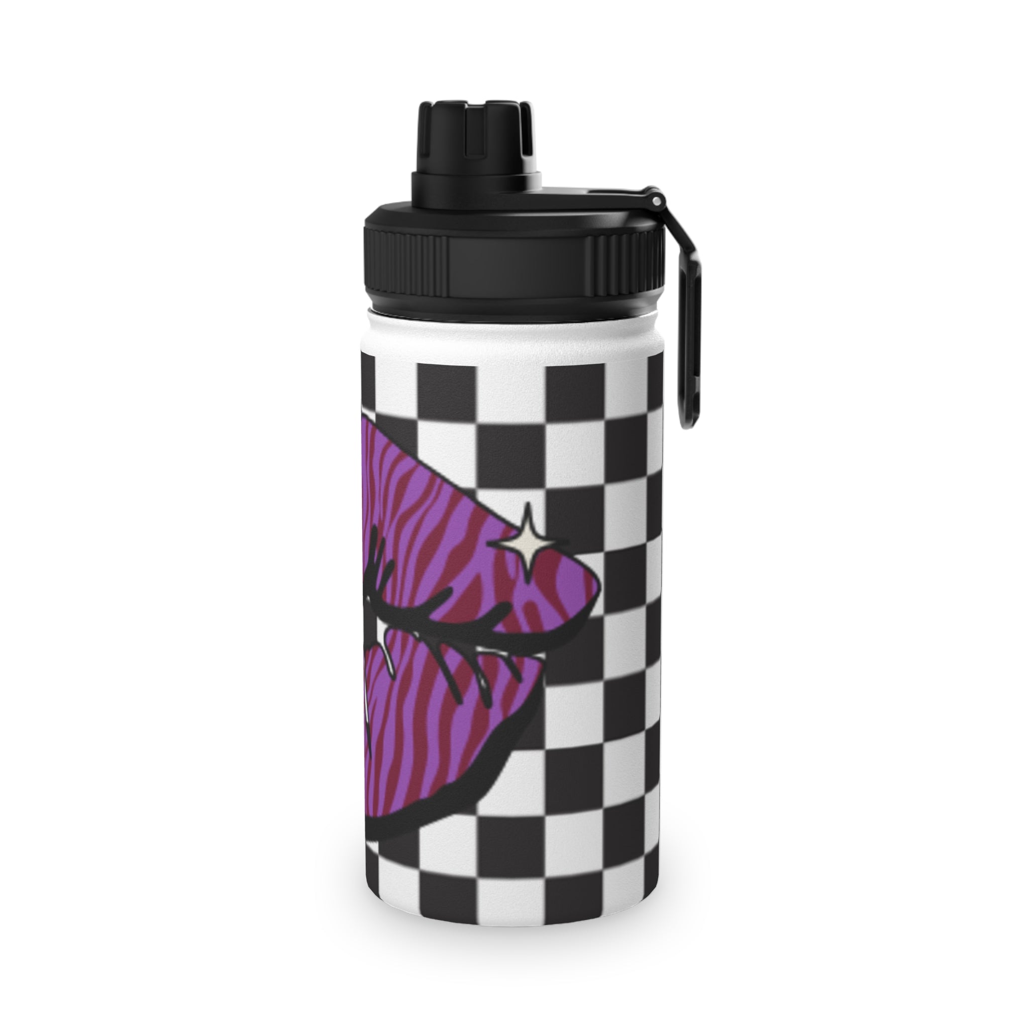 Stainless Steel Water Bottle — Purple Zebra Kiss on Black & White Checkered Pattern y2k
