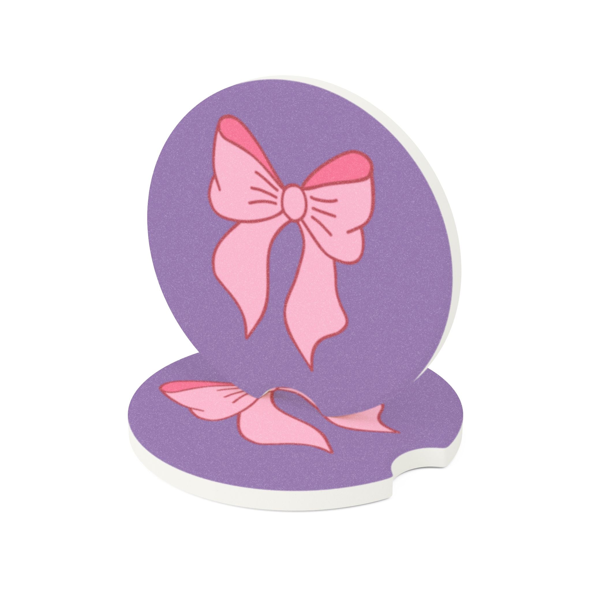 Soapstone Car Coaster — Pink Bow on Purple Background, Cute Non-Slip Cup Holder Insert