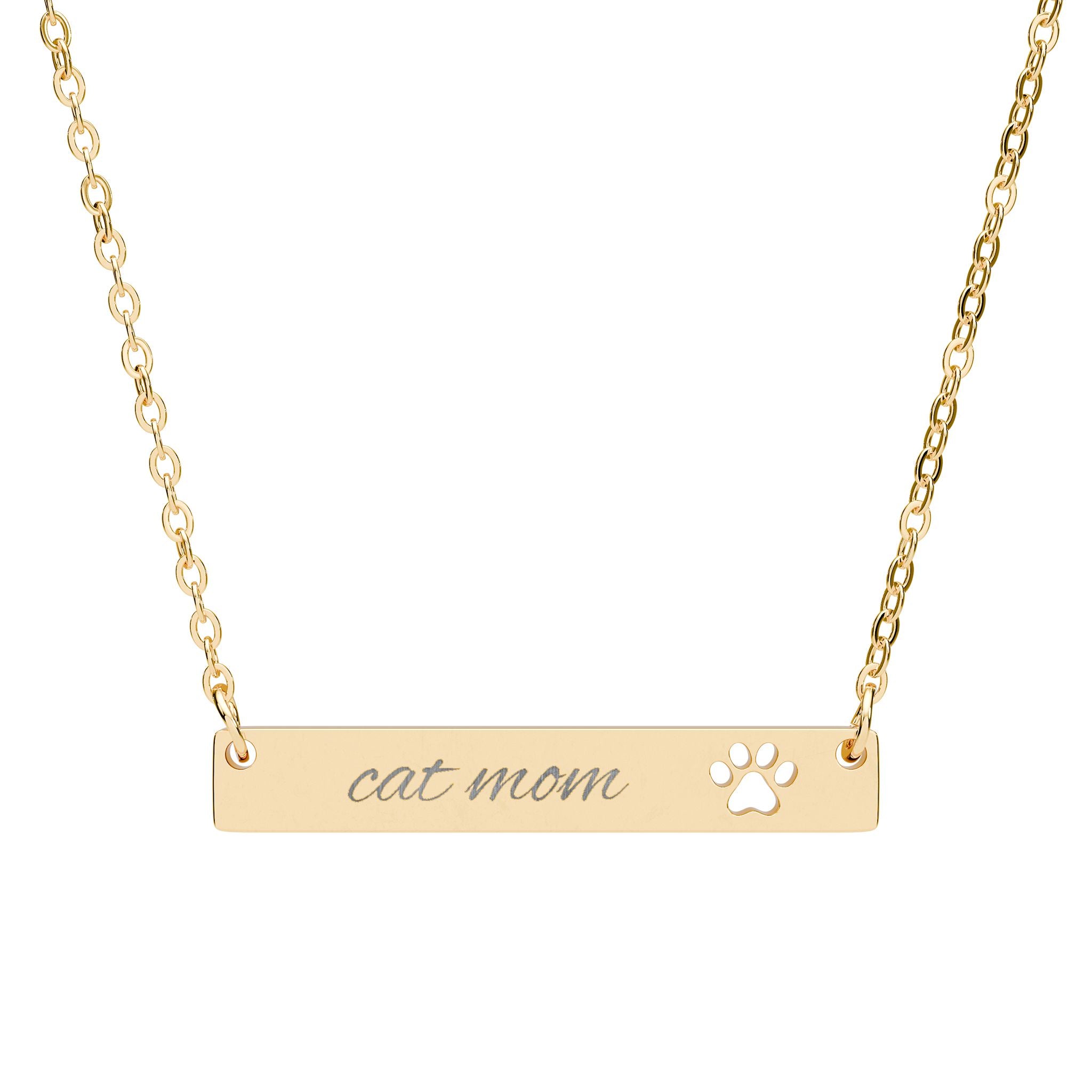 Cutout Paw Bar Necklace — Engraved "Cat Mom" Pendant
