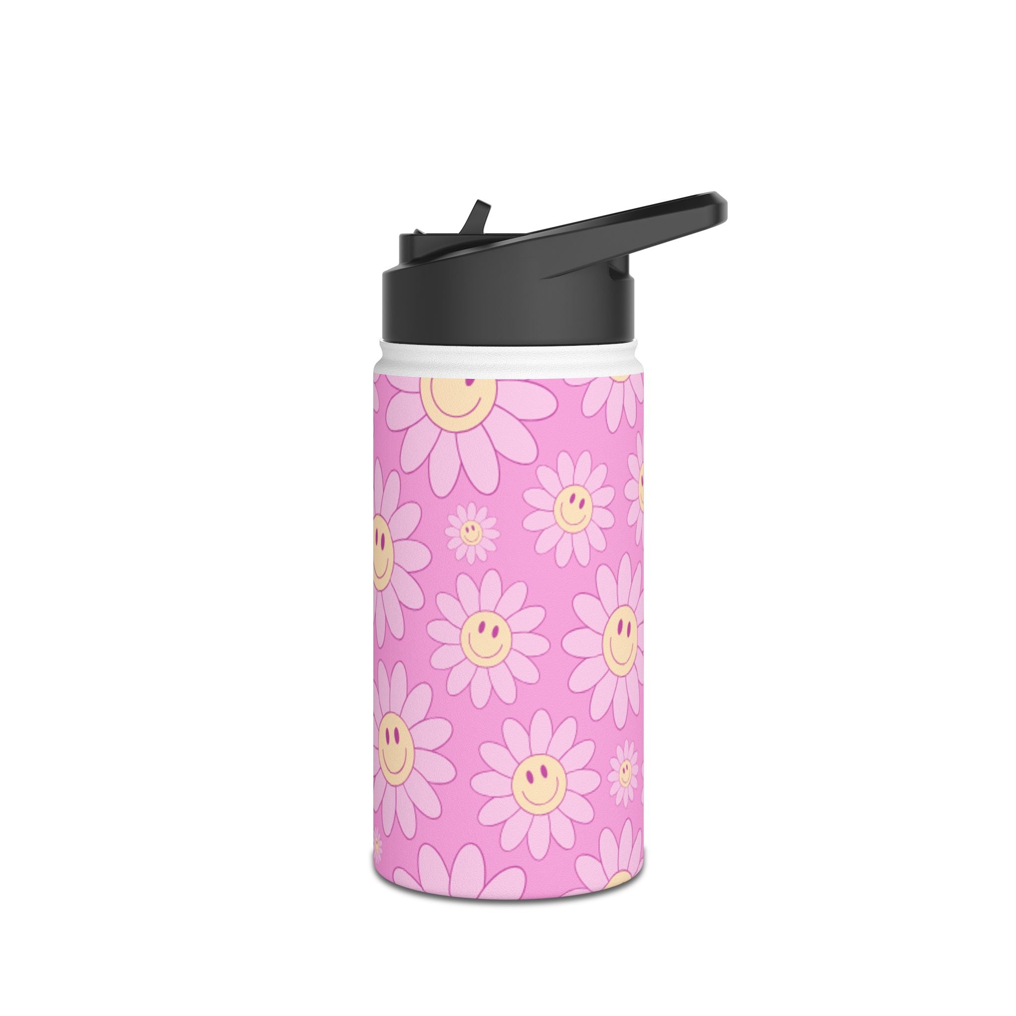 Pink Smiley Daisy Stainless Steel Water Bottle — Cute Floral Insulated Bottle