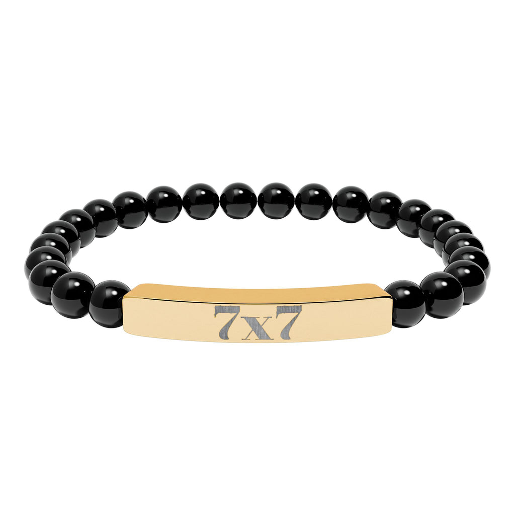 Engraved Natural Stone Stretch Bracelet — Bar Bead Bracelet with '7x7' Charm