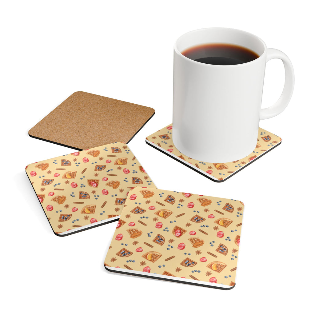 Breakfast Waffles Cork Coaster Set — Cute Pancake & Toppings Pattern