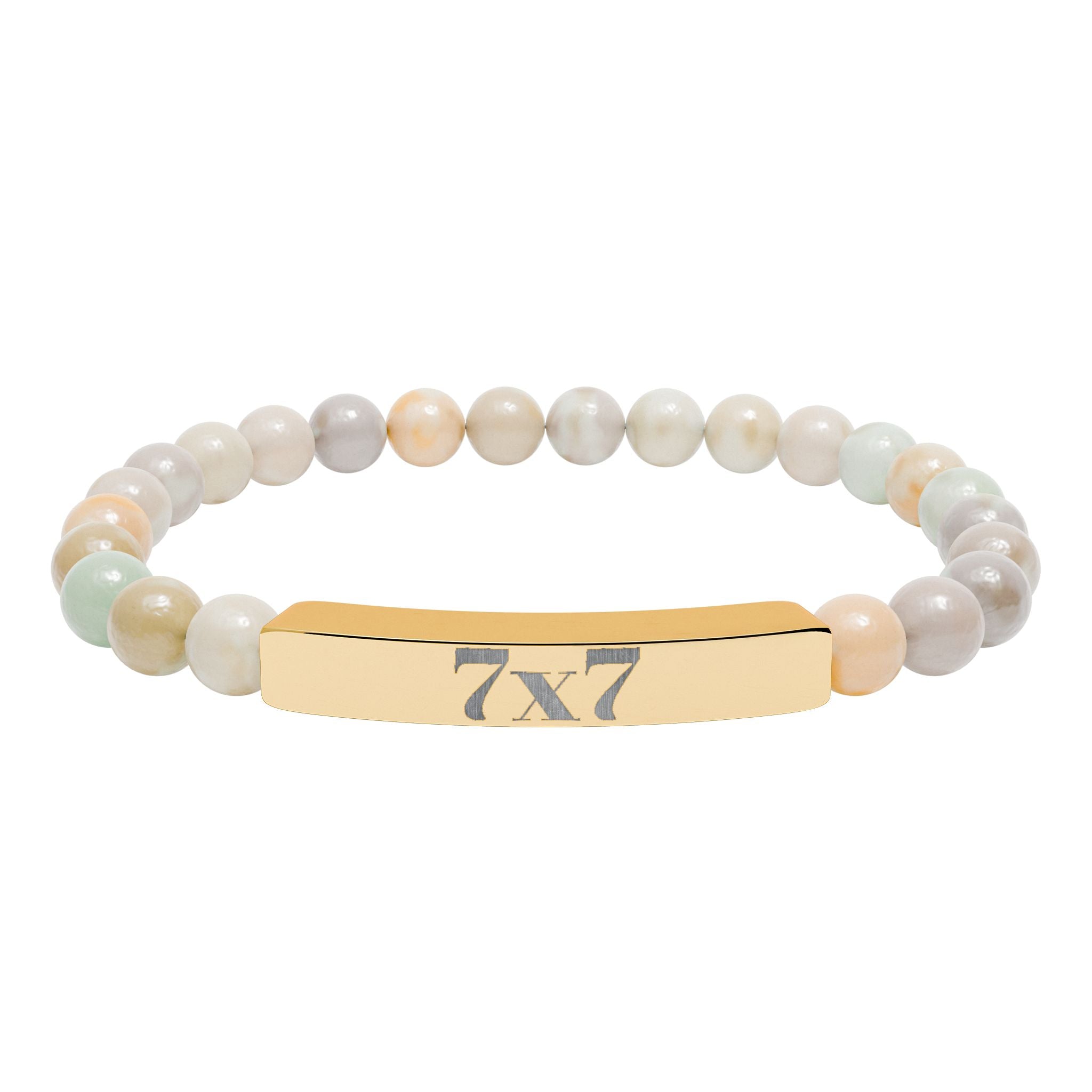 Engraved Natural Stone Stretch Bracelet — Bar Bead Bracelet with '7x7' Charm