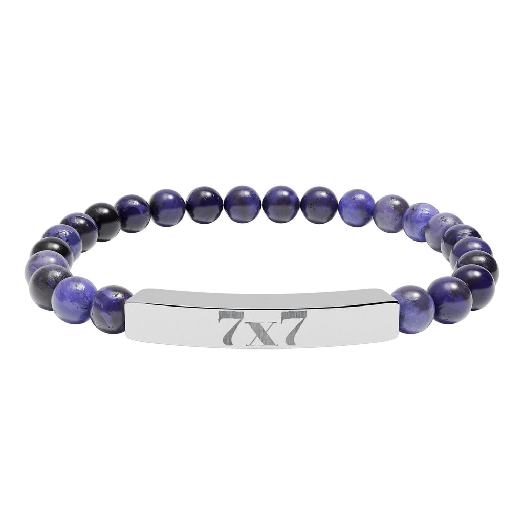 Engraved Natural Stone Stretch Bracelet — Bar Bead Bracelet with '7x7' Charm