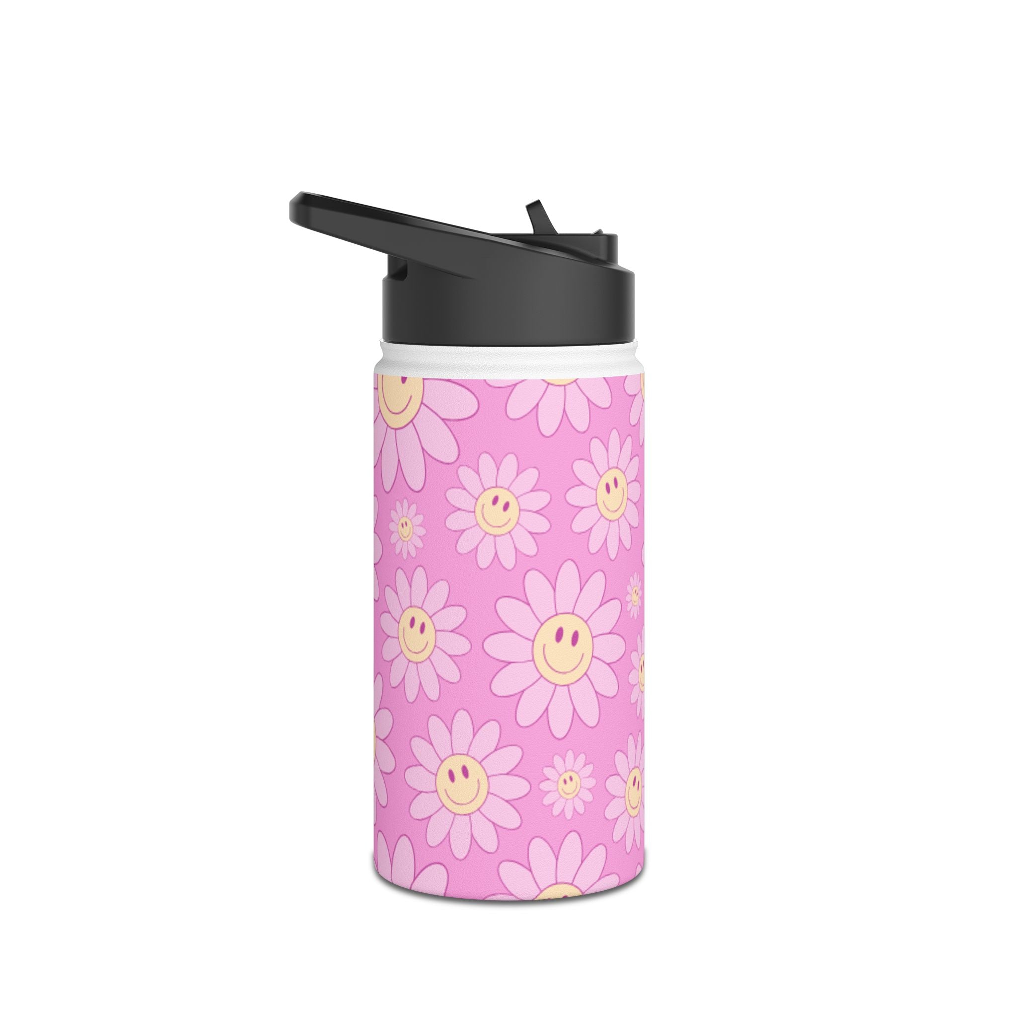 Pink Smiley Daisy Stainless Steel Water Bottle — Cute Floral Insulated Bottle
