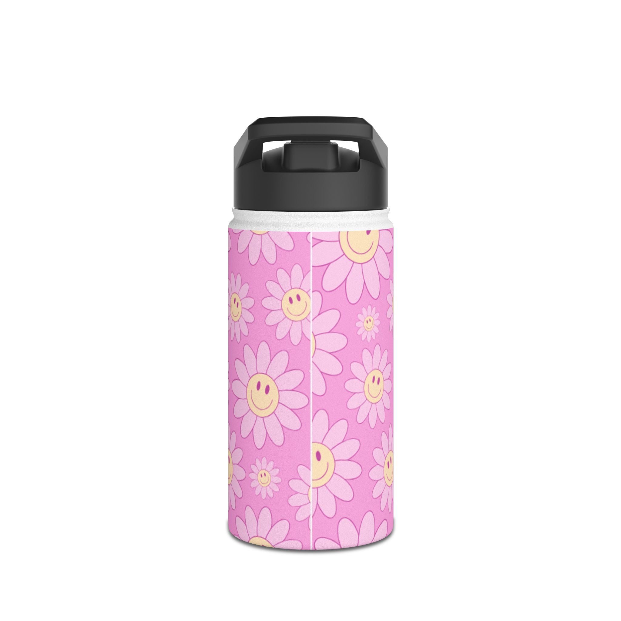Pink Smiley Daisy Stainless Steel Water Bottle — Cute Floral Insulated Bottle