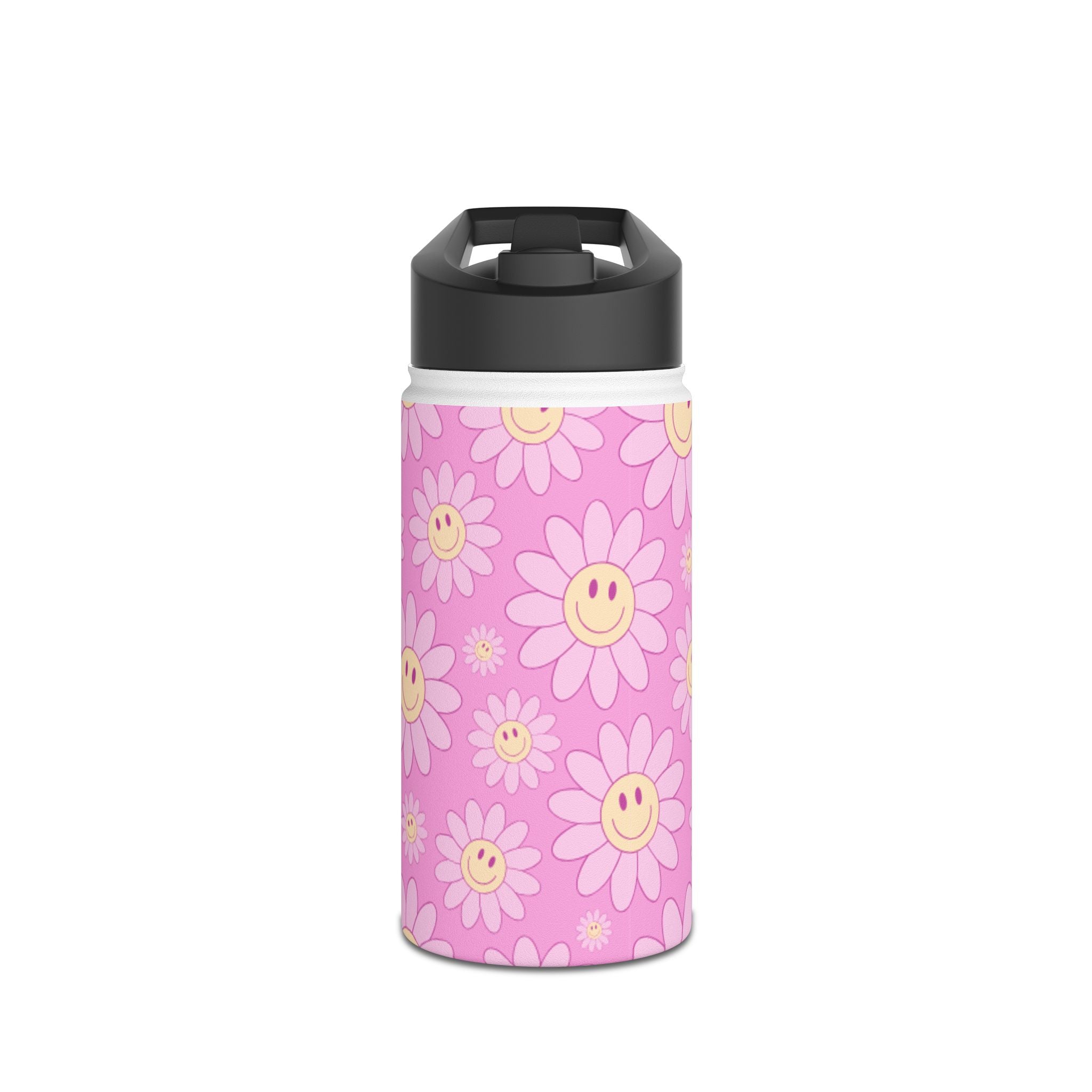 Pink Smiley Daisy Stainless Steel Water Bottle — Cute Floral Insulated Bottle