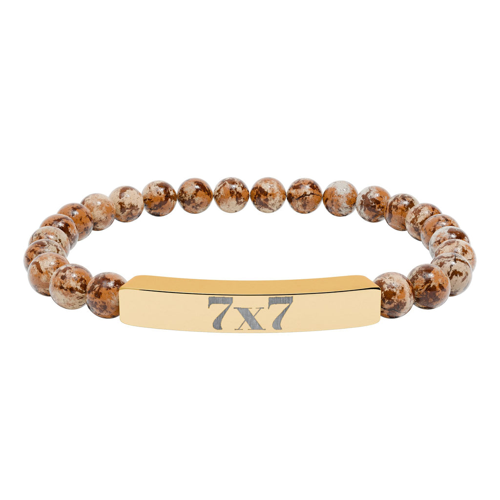 Engraved Natural Stone Stretch Bracelet — Bar Bead Bracelet with '7x7' Charm