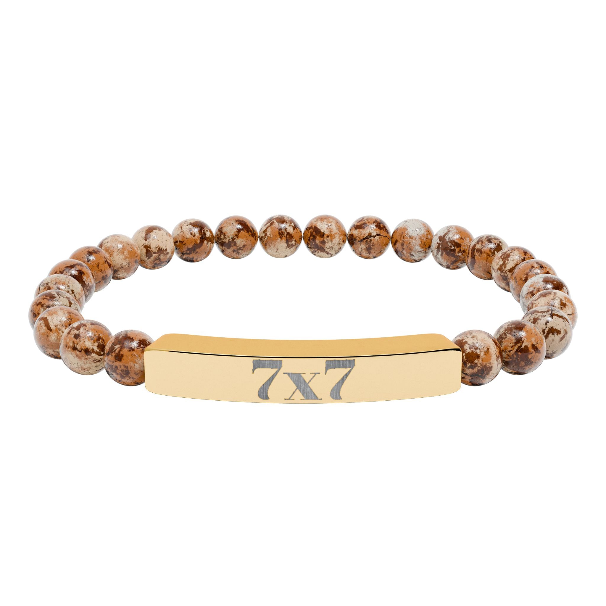Engraved Natural Stone Stretch Bracelet — Bar Bead Bracelet with '7x7' Charm