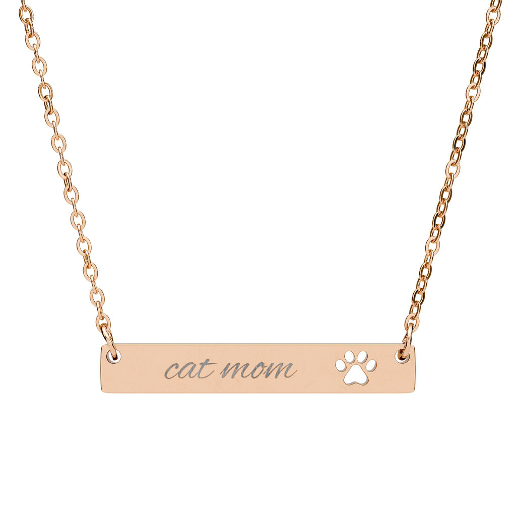 Cutout Paw Bar Necklace — Engraved "Cat Mom" Pendant