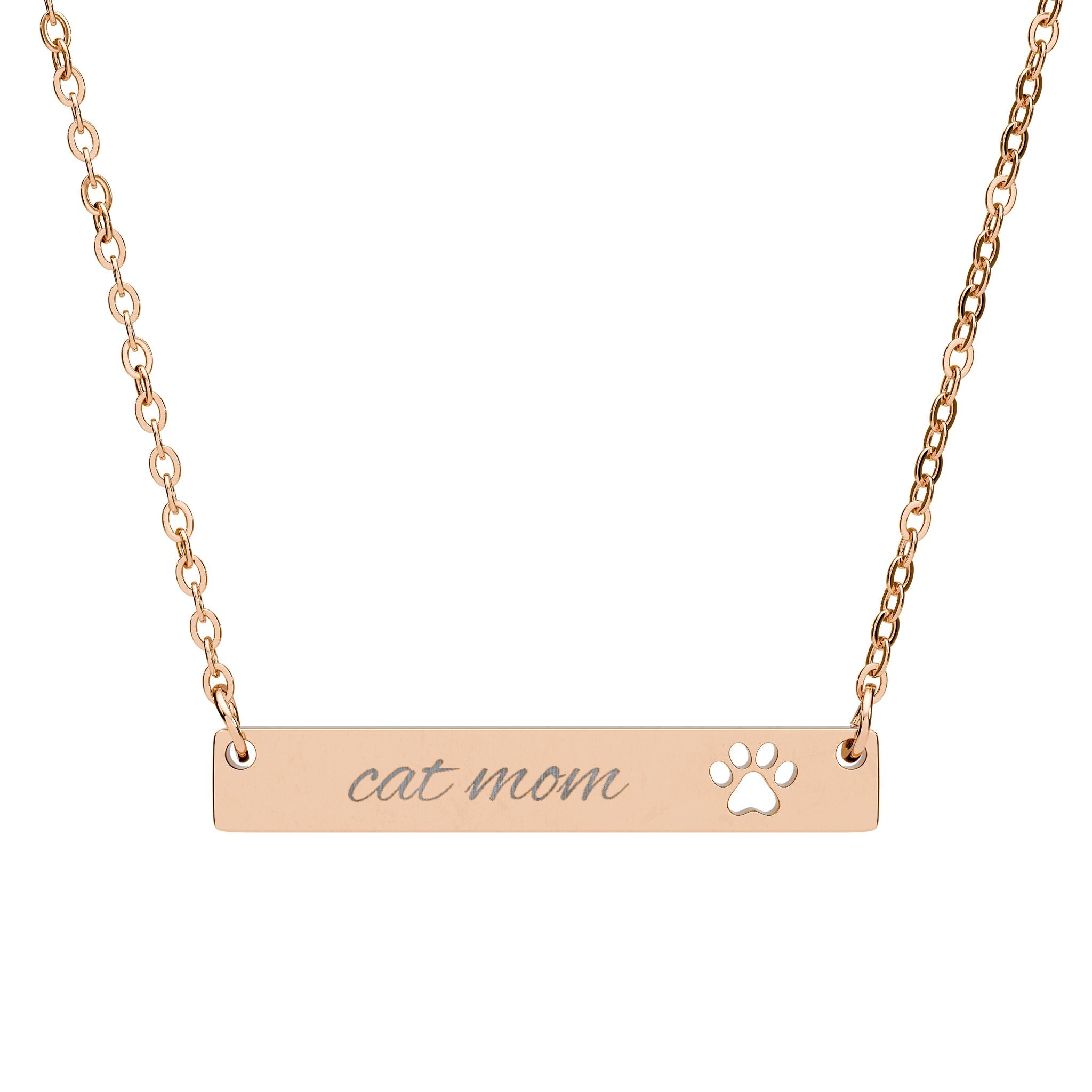 Cutout Paw Bar Necklace — Engraved "Cat Mom" Pendant