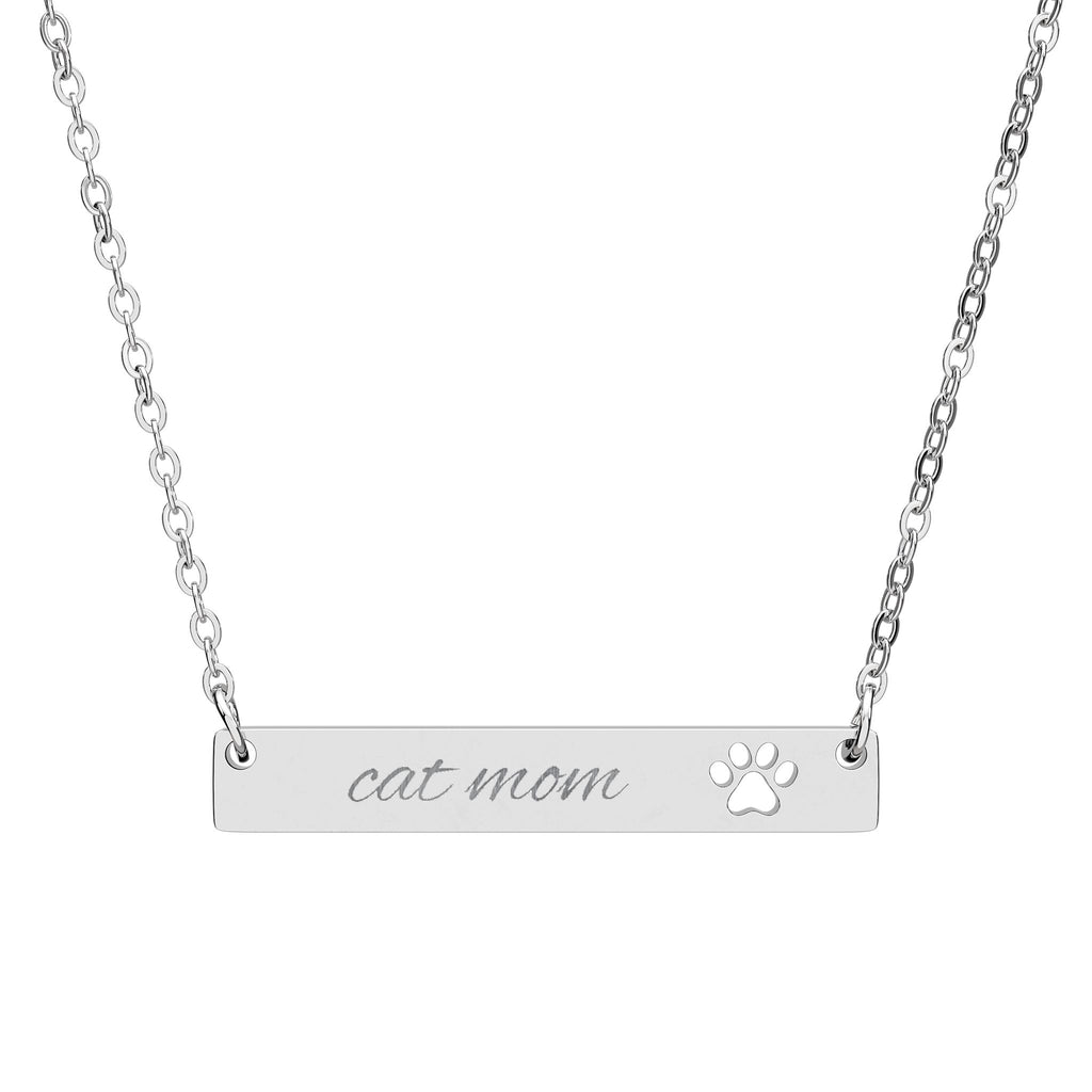 Cutout Paw Bar Necklace — Engraved "Cat Mom" Pendant