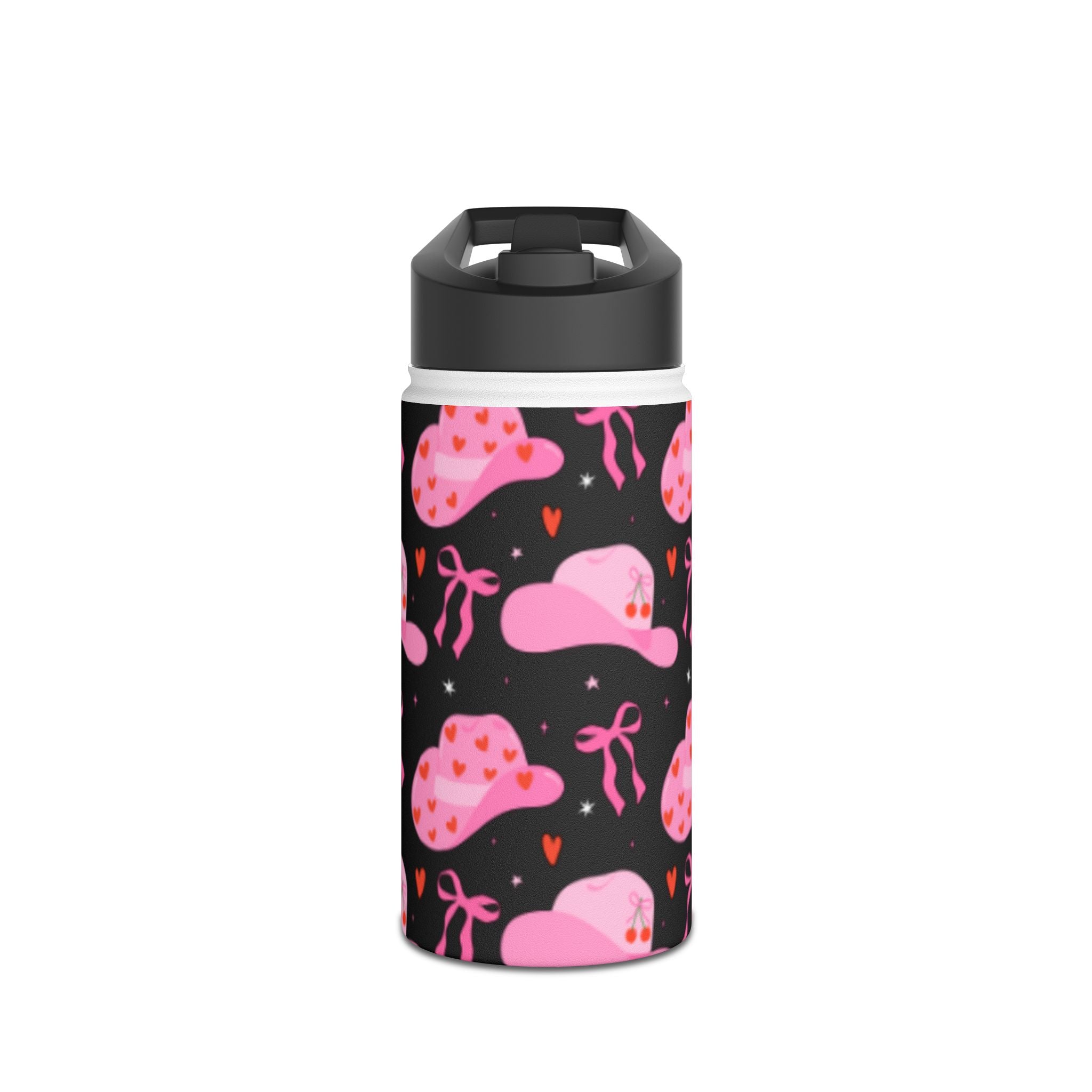 Pink Cowboy Hat Pattern Stainless Steel Water Bottle — Cute Heart & Ribbon Design