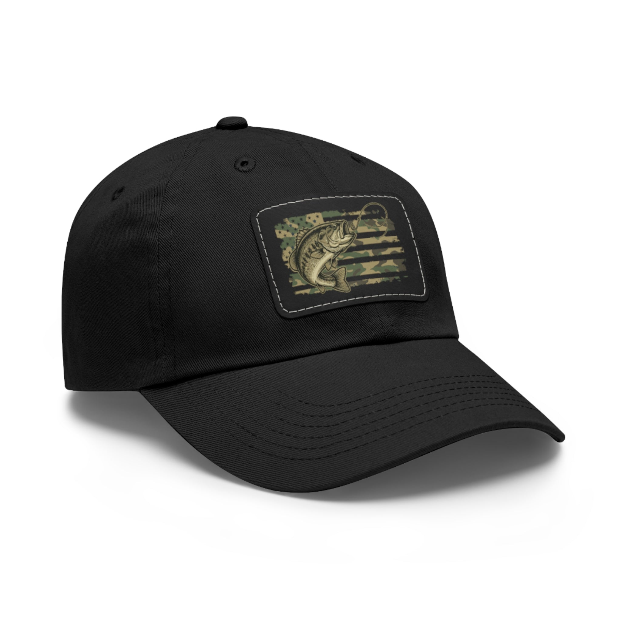 Fishing Leather Patch Dad Hat – Vintage Camo Bass Design