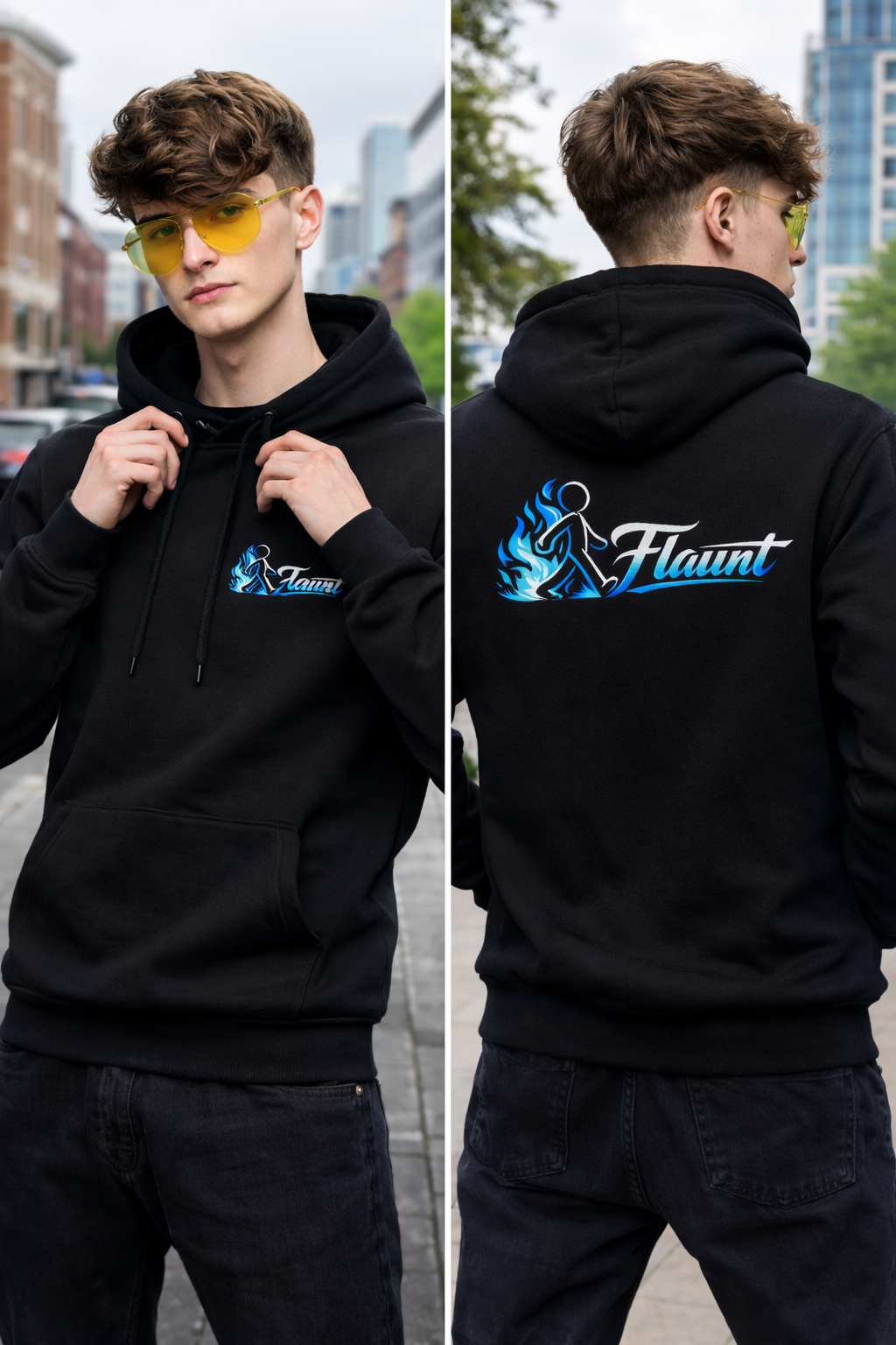 Hoodie — 'Flaunt' Blue Script Logo Pullover