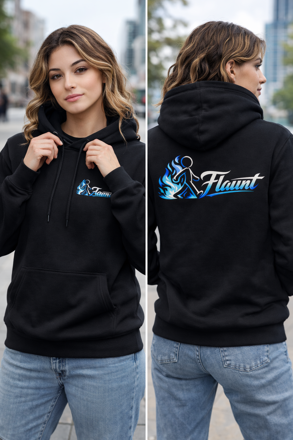 Hoodie — 'Flaunt' Blue Script Logo Pullover