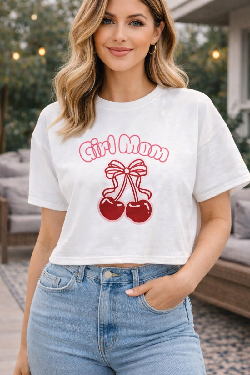 Crop Tee — "Girl Mom" Cherry Graphic