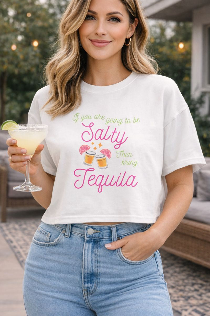 Crop Tee — "Salty Tequila" Cute Tropical Cocktail Graphic