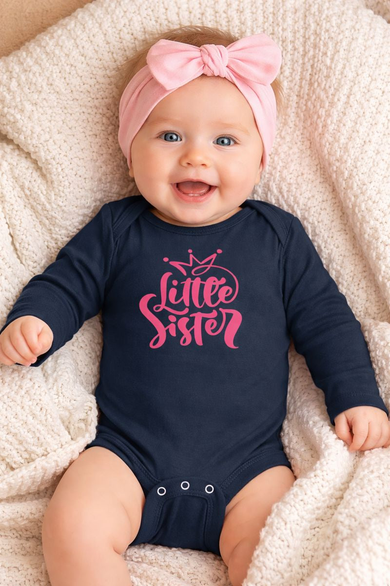 Little Sister Infant Bodysuit - Pink Crown Long Sleeve Baby Onesie