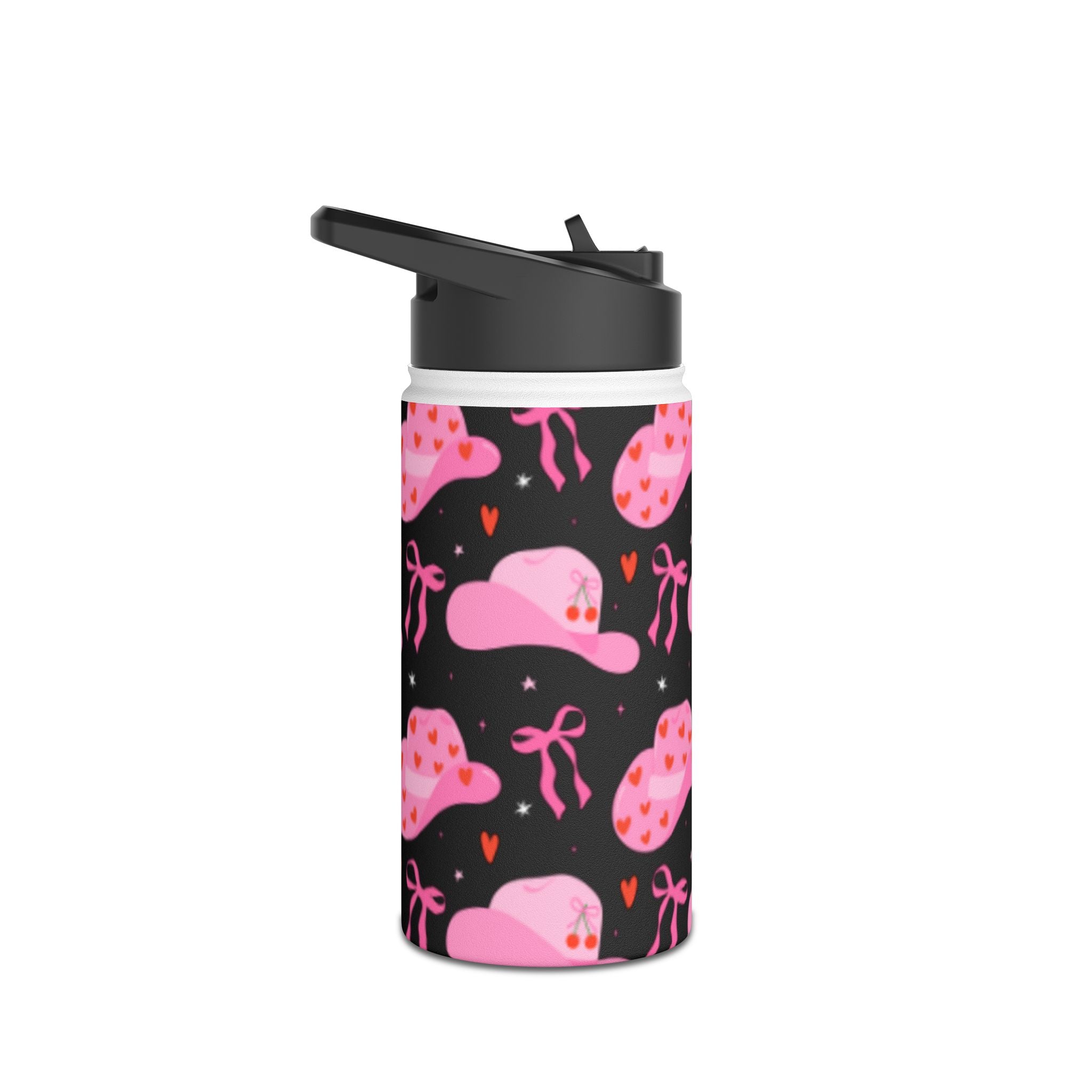 Pink Cowboy Hat Pattern Stainless Steel Water Bottle — Cute Heart & Ribbon Design