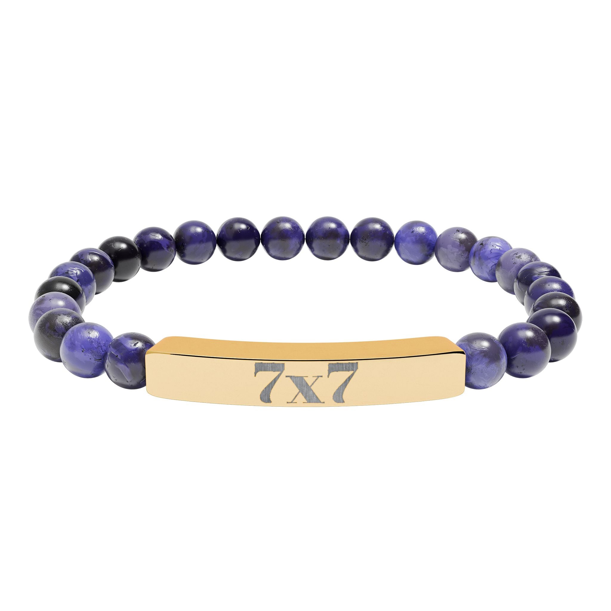 Engraved Natural Stone Stretch Bracelet — Bar Bead Bracelet with '7x7' Charm