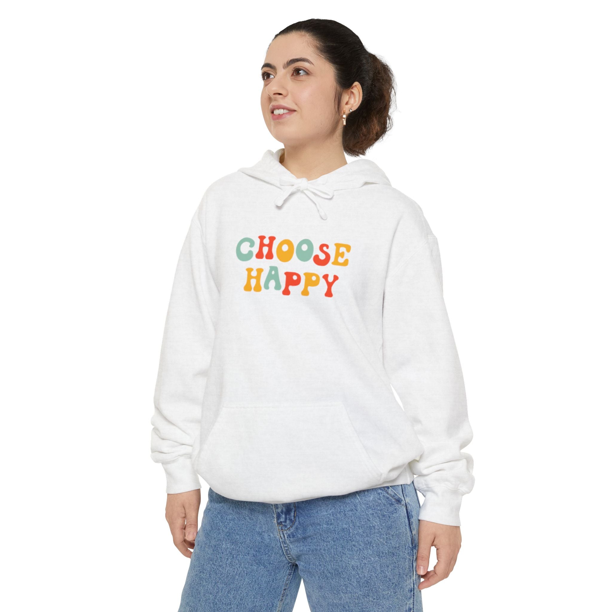 Choose Happy Hoodie — Retro Colorful Smiley Graphic Sweatshirt