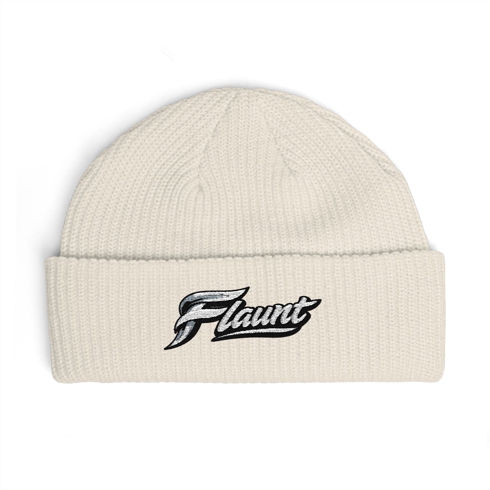 Embroidered ‘Flaunt’ Cuff Beanie — Cozy Knit Winter Hat