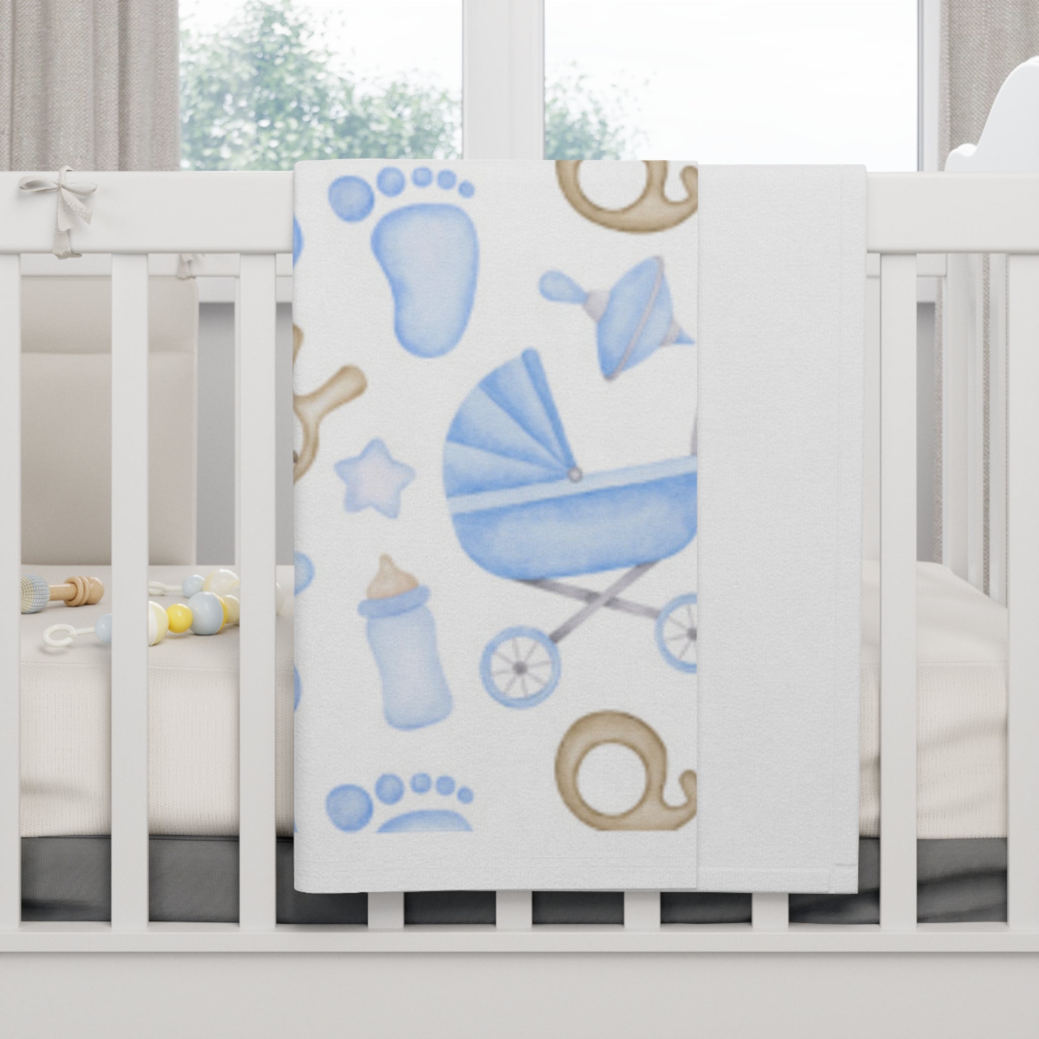 Blue Baby Shower Fleece Blanket — Newborn Pram, Bottle & Footprint Pattern