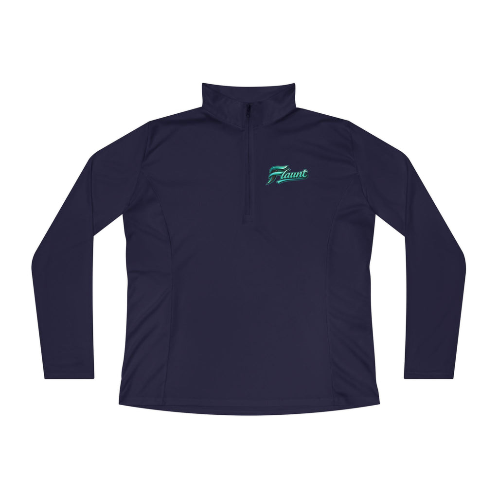 Ladies Quarter-Zip Pullover — White Performance Top with Green Script Logo