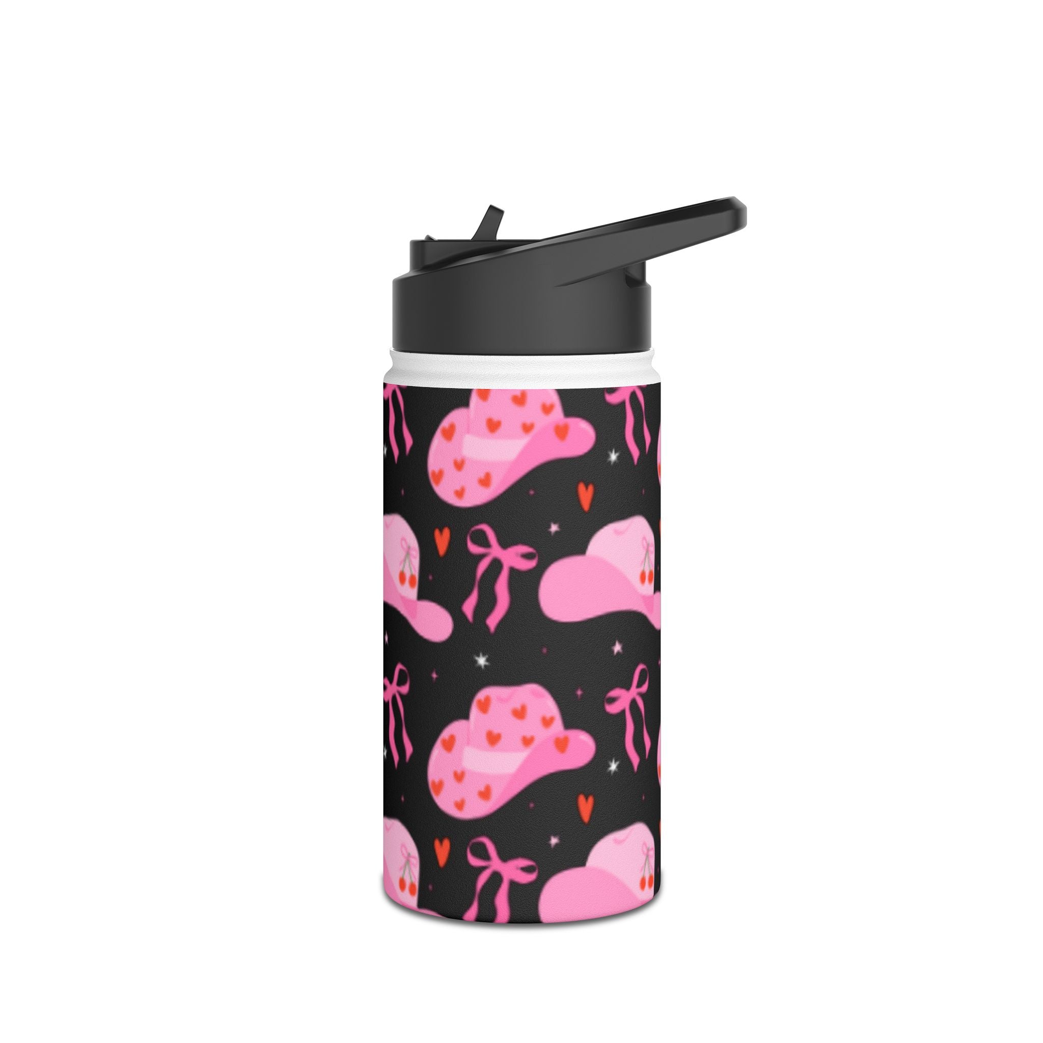 Pink Cowboy Hat Pattern Stainless Steel Water Bottle — Cute Heart & Ribbon Design